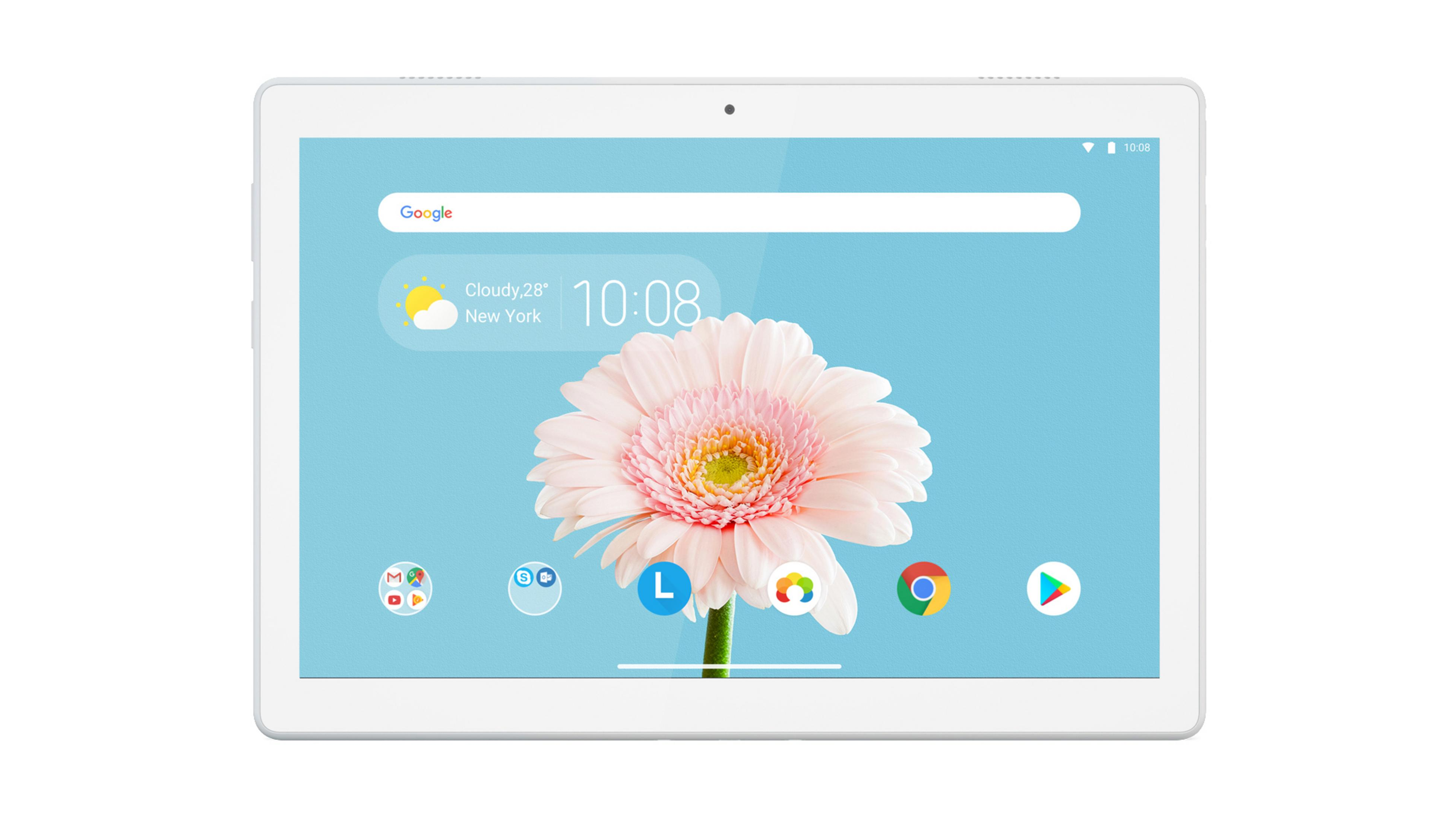 Tablet z białą ramką. Wyświetlacz pokazuje kwiat i godzinę. Niebieskie tło.