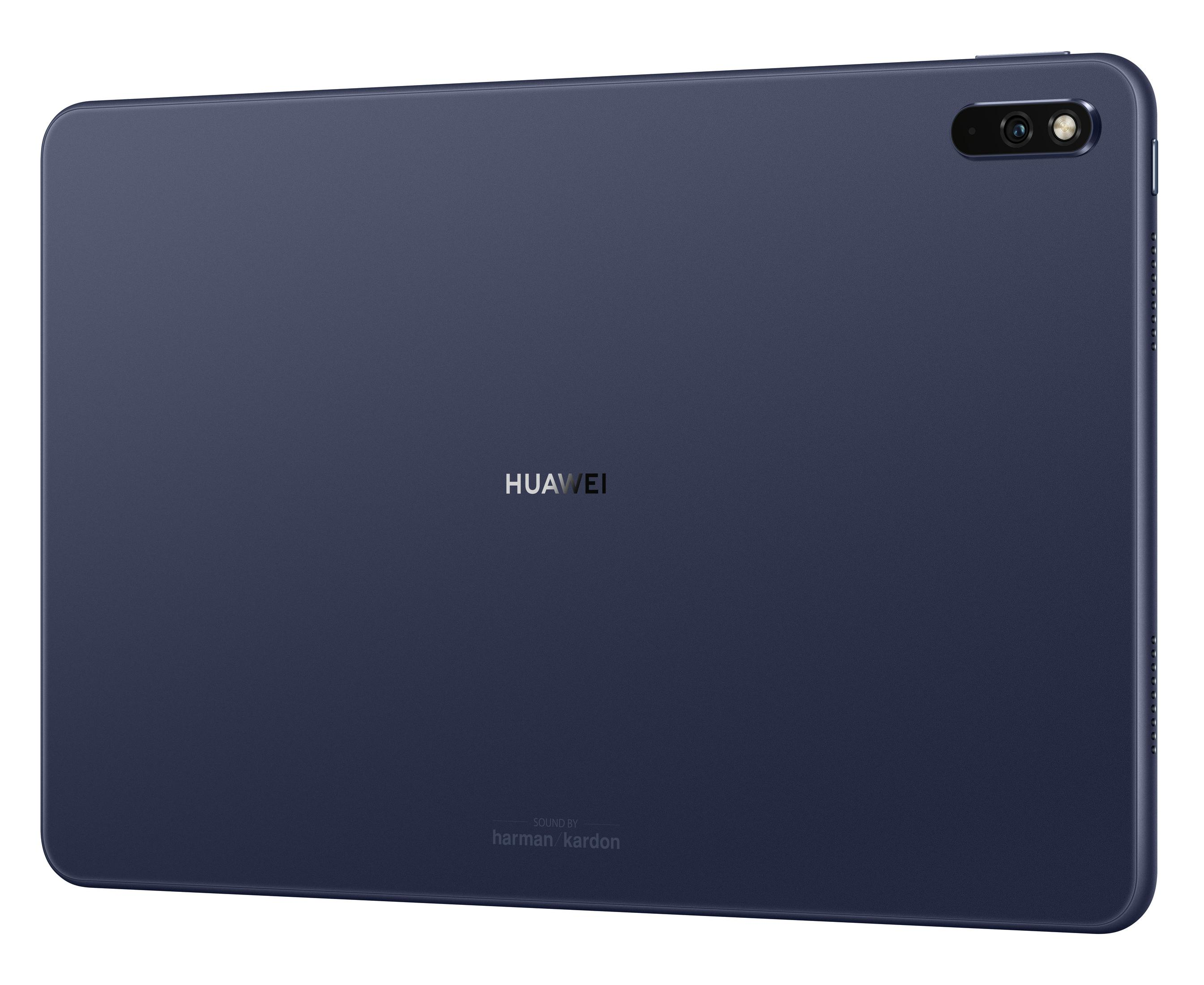 Rückansicht eines blauen Tablets mit Kamera und Huawei-Logo. Weißer Hintergrund.