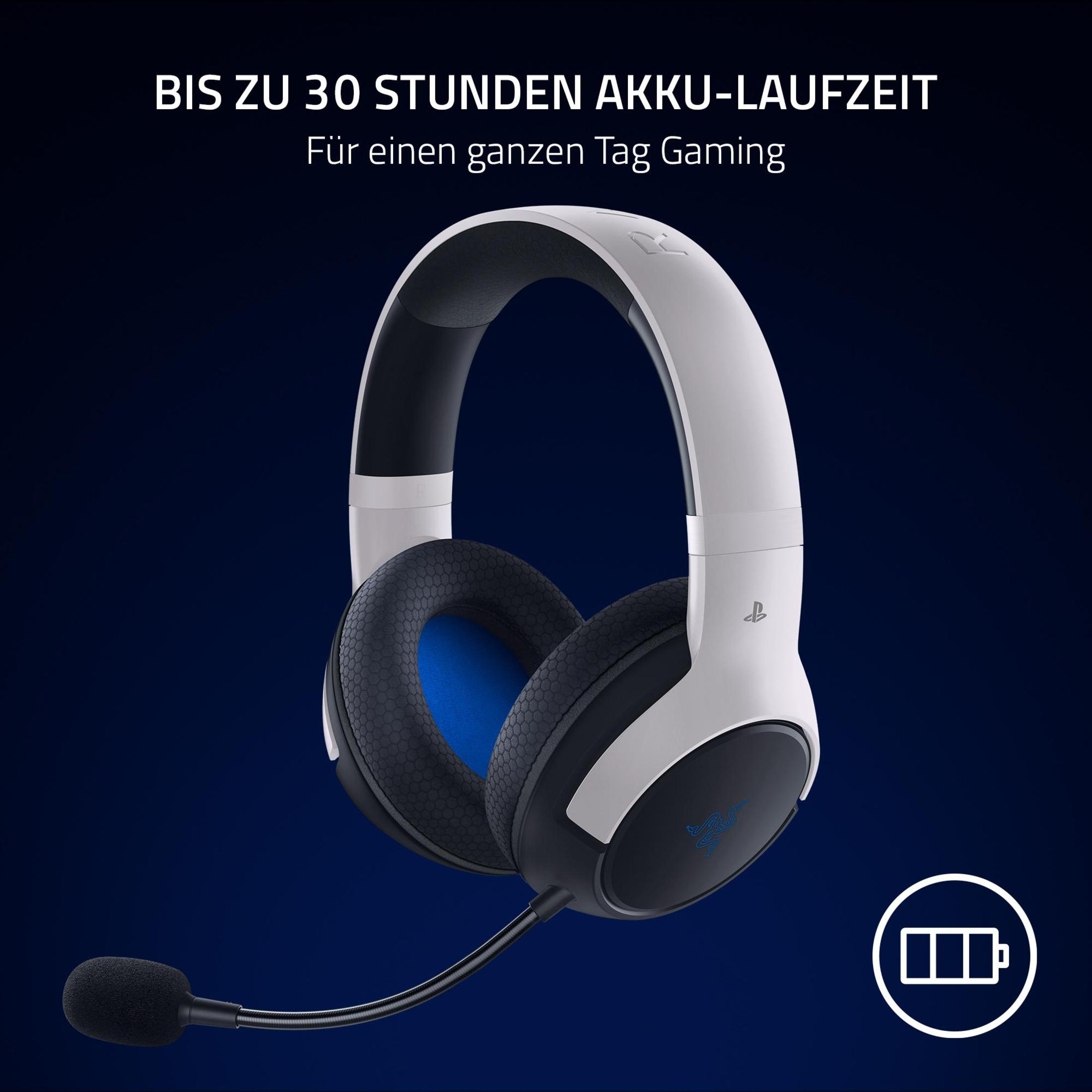 Biało-czarny zestaw słuchawkowy dla graczy z mikrofonem. Ma niebieskie wnętrze i ikonę baterii na dole.
