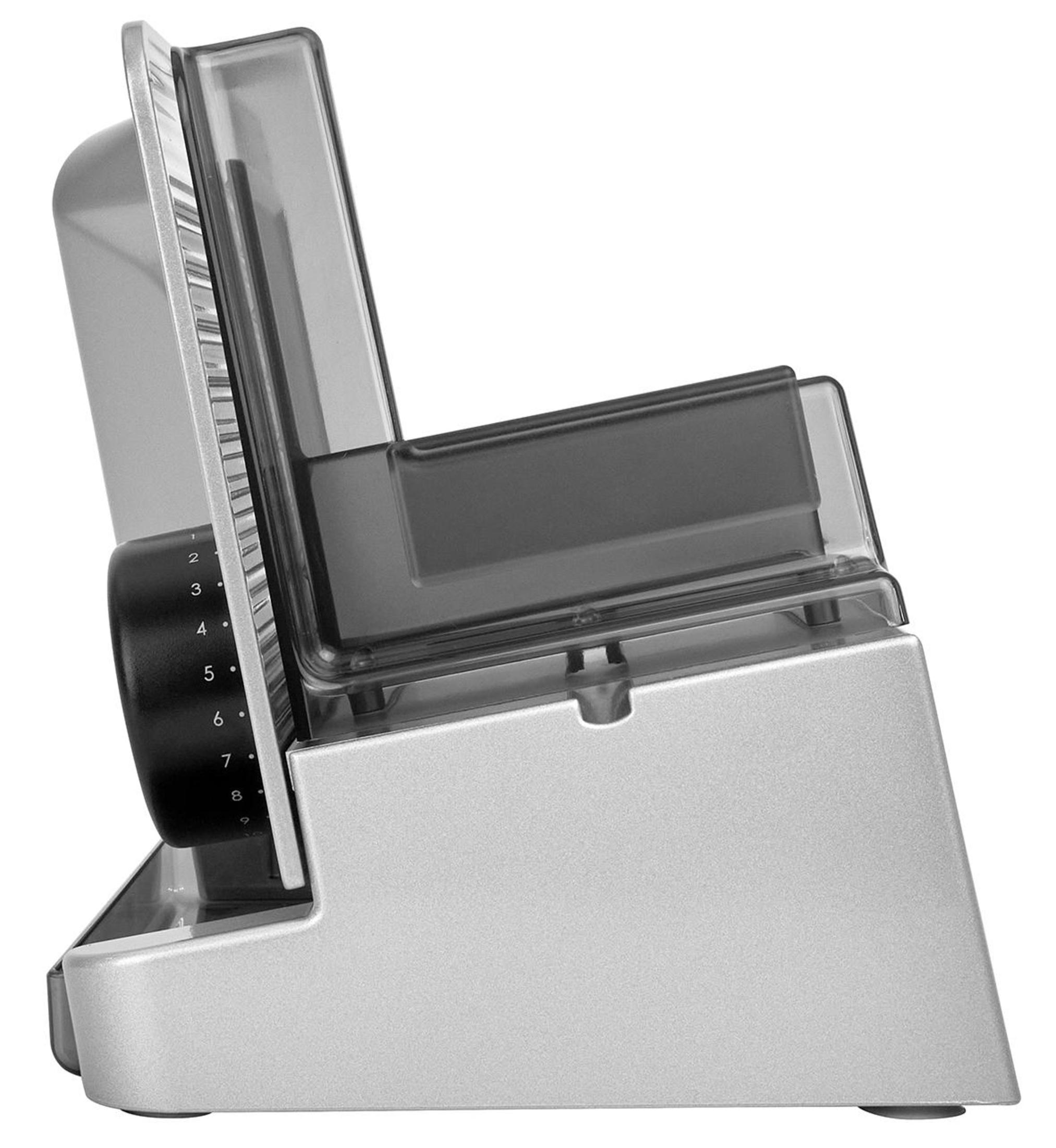 Srebrna krajalnica do mięsa. Jest ustawiona pod kątem, pokazując ostrze i pokrętło regulacji.