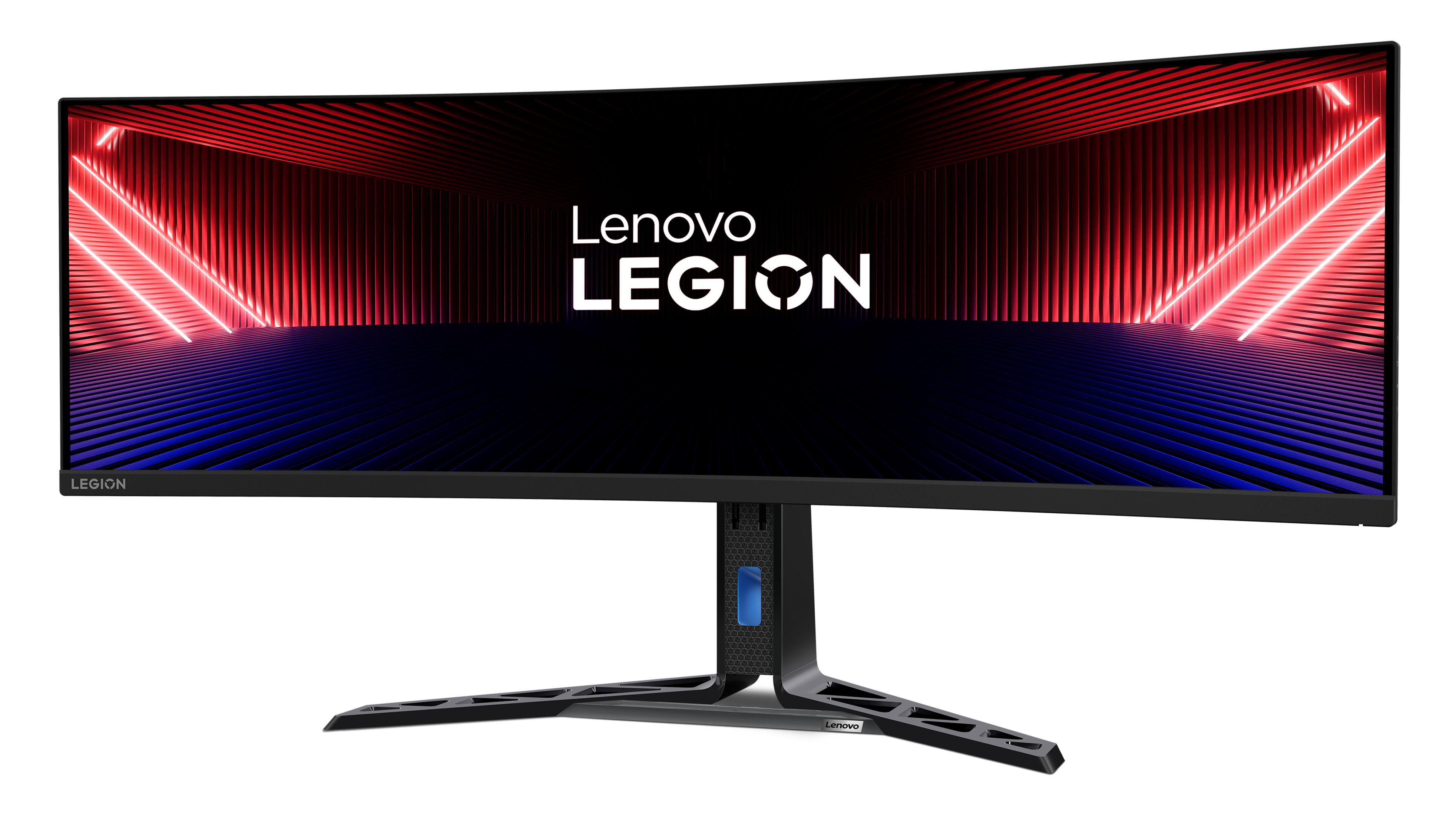 Zakrzywiony monitor Lenovo Legion z czerwonym i niebieskim oświetleniem.