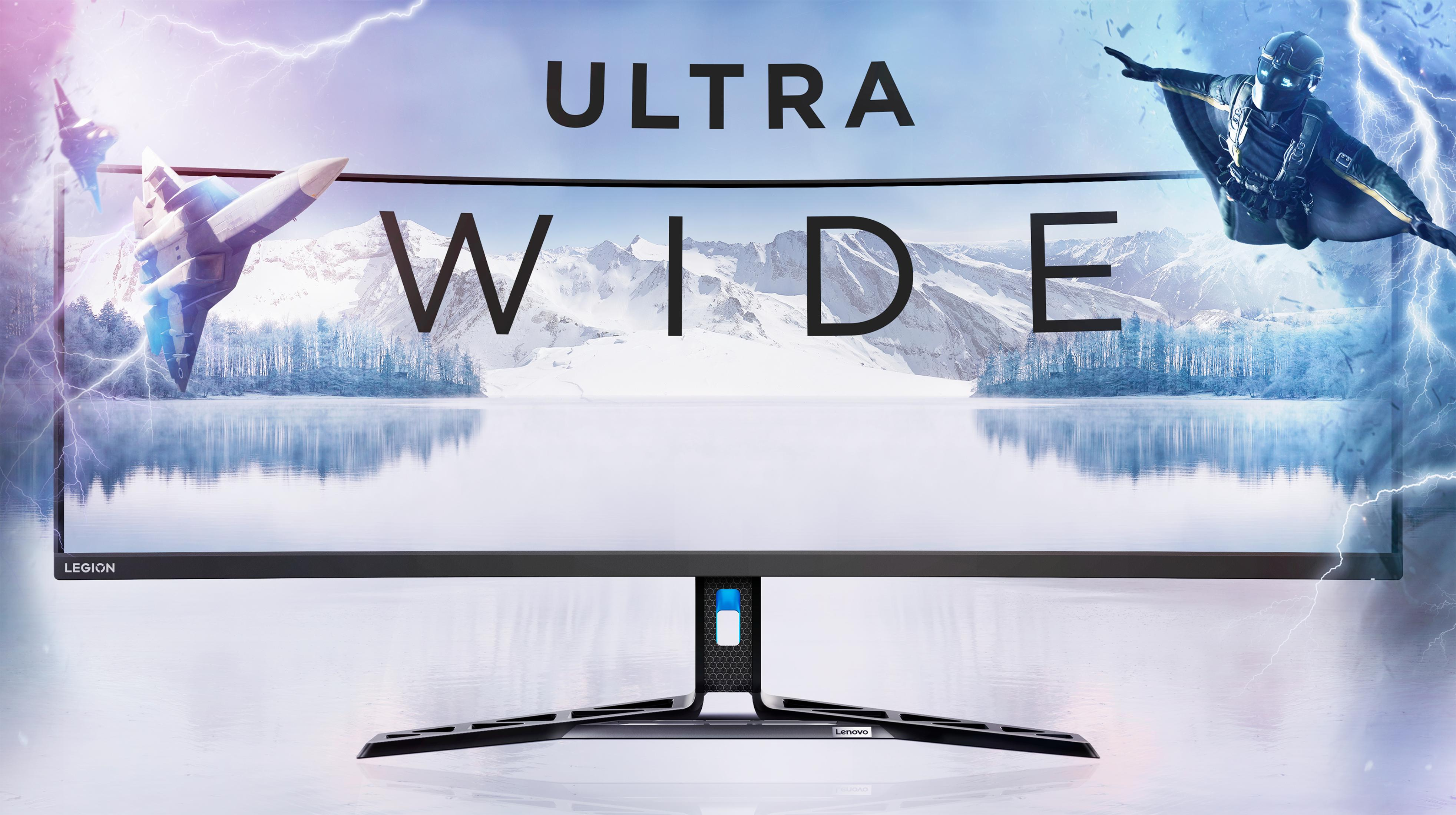 Ultra szeroki monitor z myśliwcem i osobą w garniturze. Uderzenia piorunów. Jasne tło.