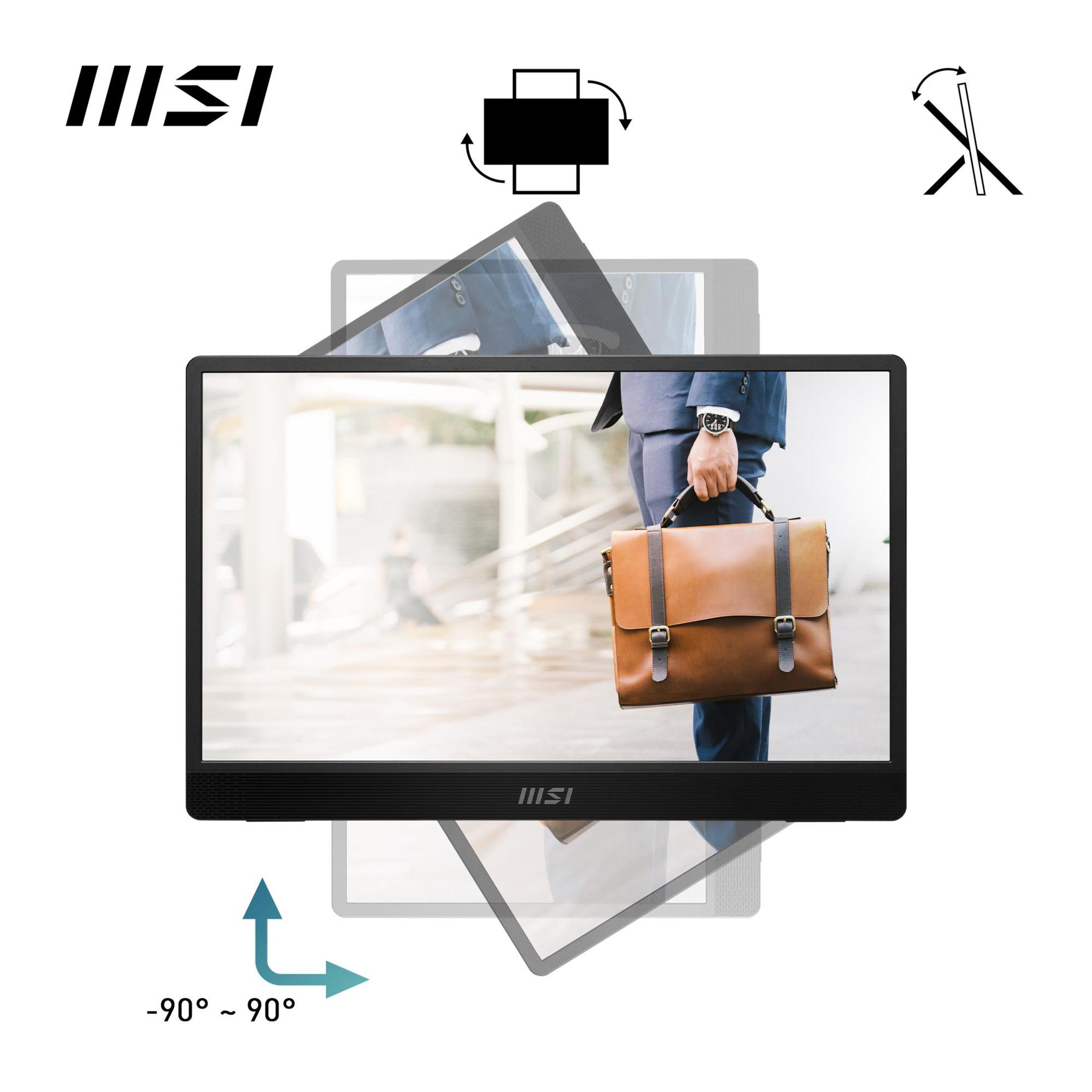 MSI-Monitor, der einen Mann mit Aktenkoffer zeigt. Rotationspfeile sind gezeigt.