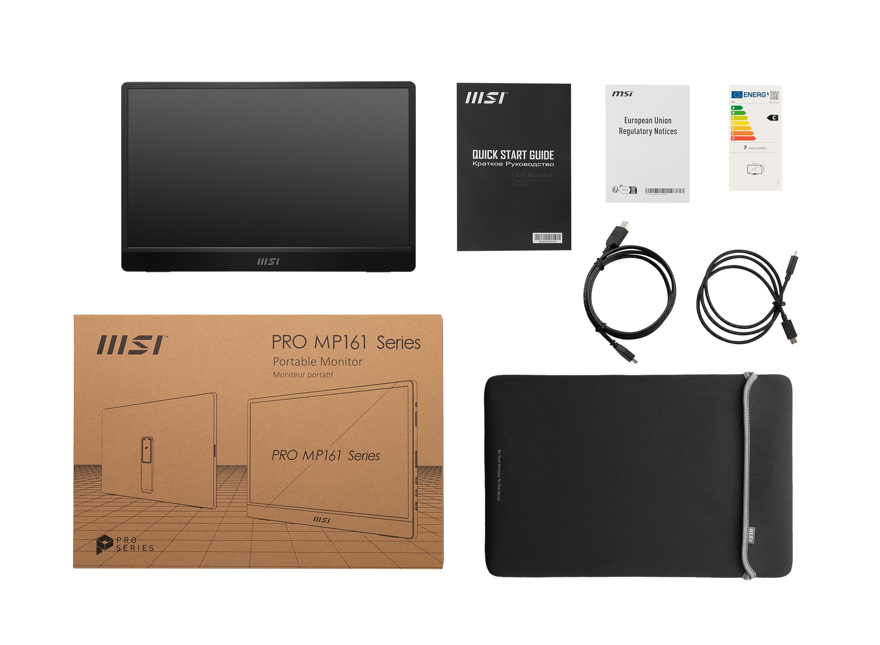 Ein tragbarer Monitor der MSI PRO MP161 Serie mit Zubehör und Verpackung.