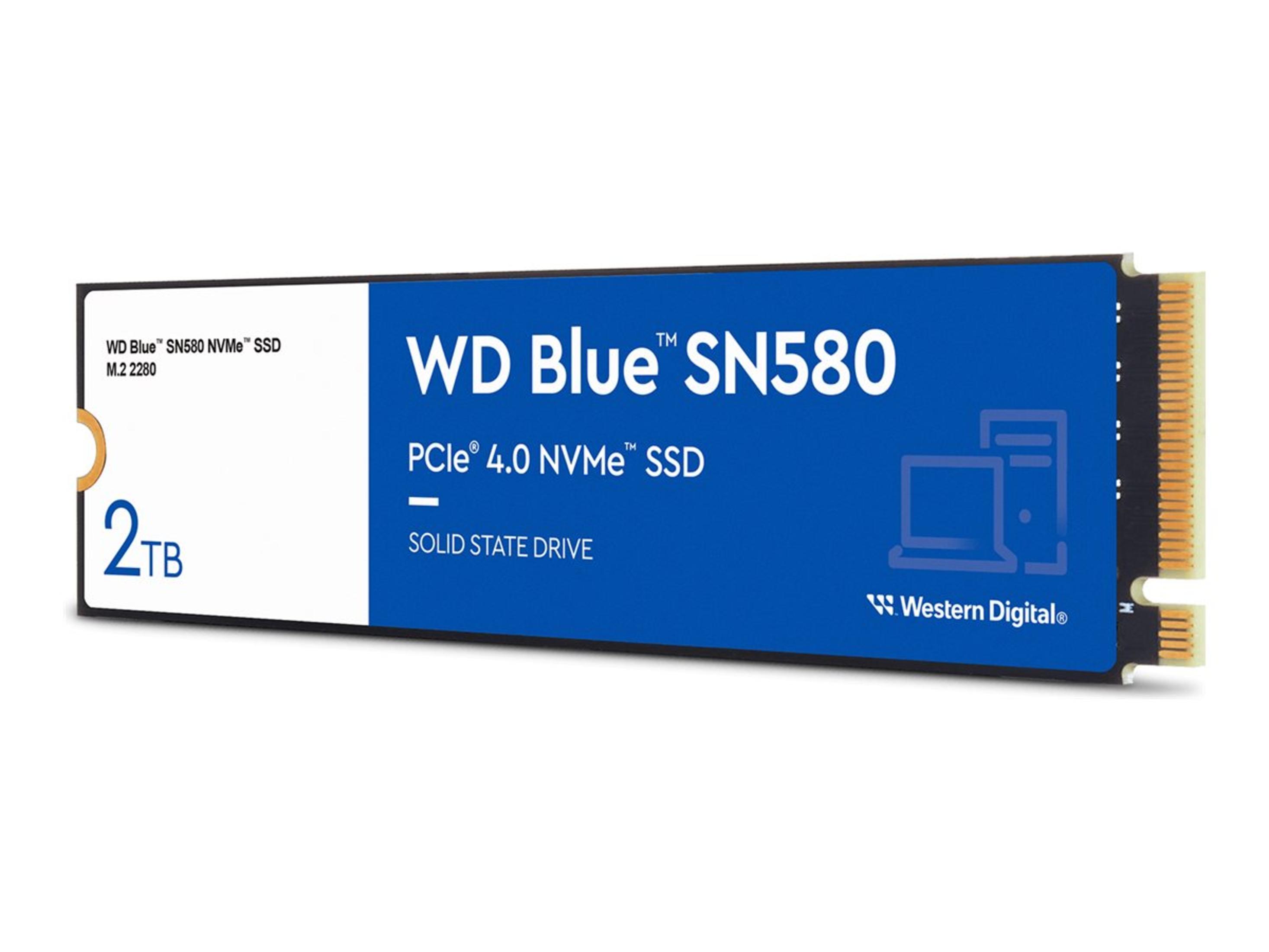 Niebiesko-biały WD Blue SN580 SSD. Ma niebieską etykietę z białym tekstem i grafiką.