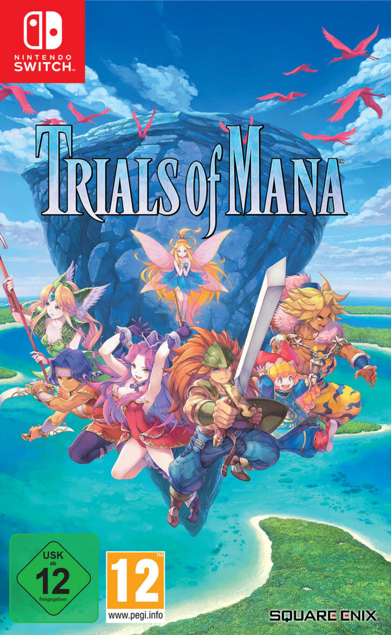 Scatola del gioco Nintendo Switch, Trials of Mana. Illustrazioni colorate.