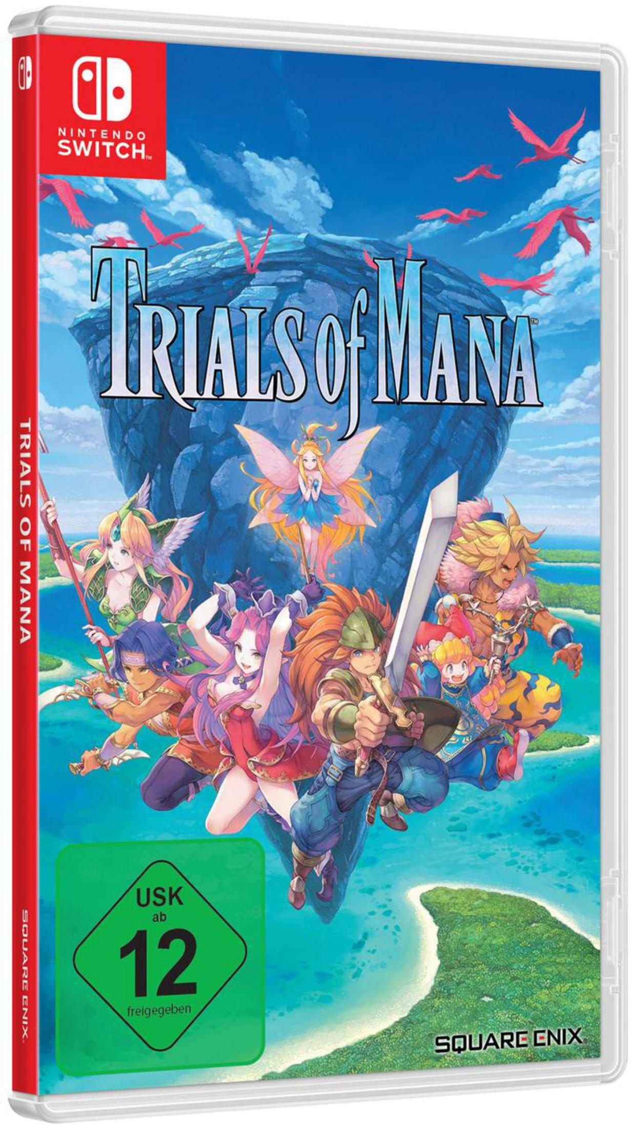 Scatola del gioco Nintendo Switch, Trials of Mana, grafica colorata, sfondo bianco.