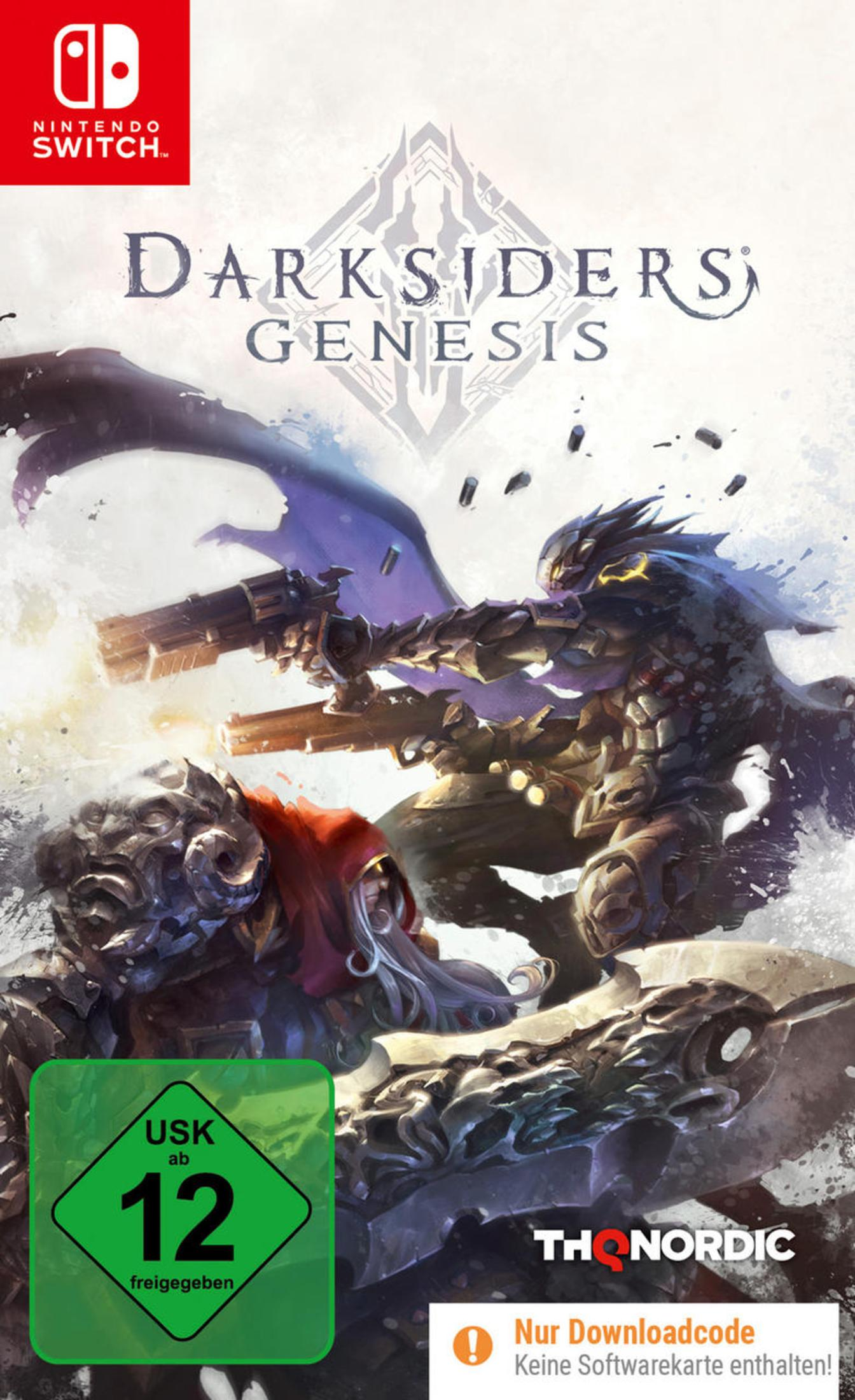 Darksiders Genesis Spielbox. Charaktere mit Waffen und Schwertern. Dunkler Hintergrund mit Logo und Bewertung.
