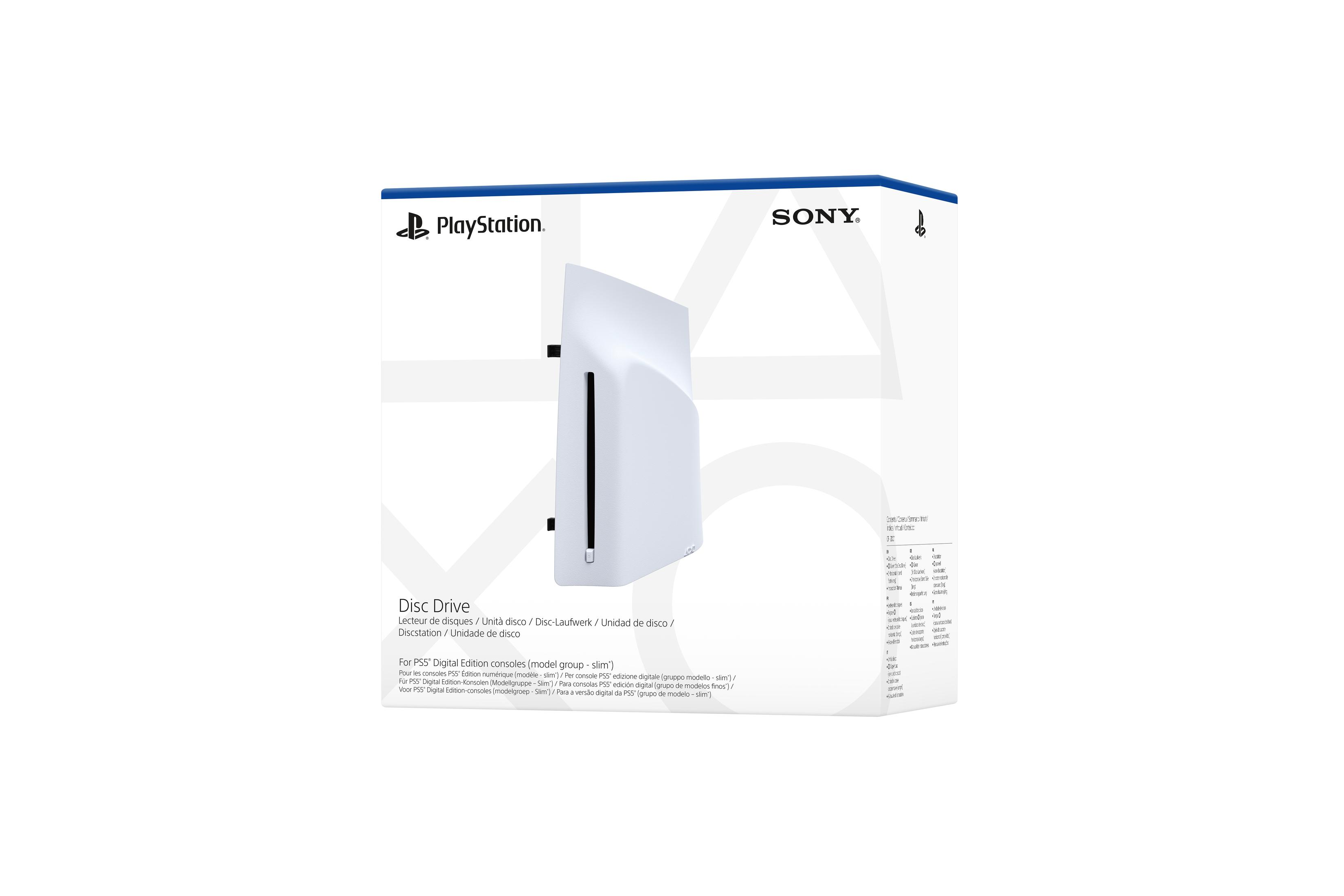 Białe pudełko PlayStation 5 Disc Drive. Pudełko pokazuje konsolę i szczegóły produktu.