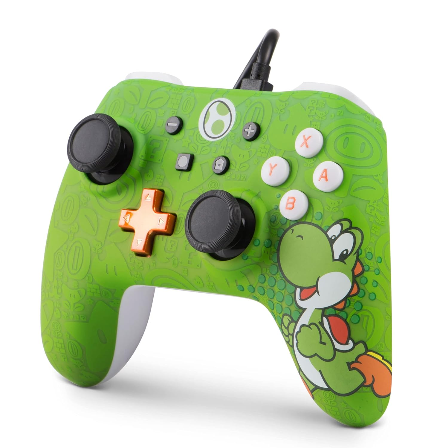 Zielony kontroler do gier Yoshi. Czarne joysticki, przyciski. Grafika Yoshi po prawej.