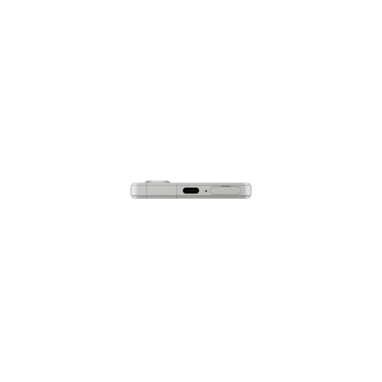Draufsicht auf ein hellgraues Telefon. Es hat einen USB-C-Anschluss und ein kleines Loch.
