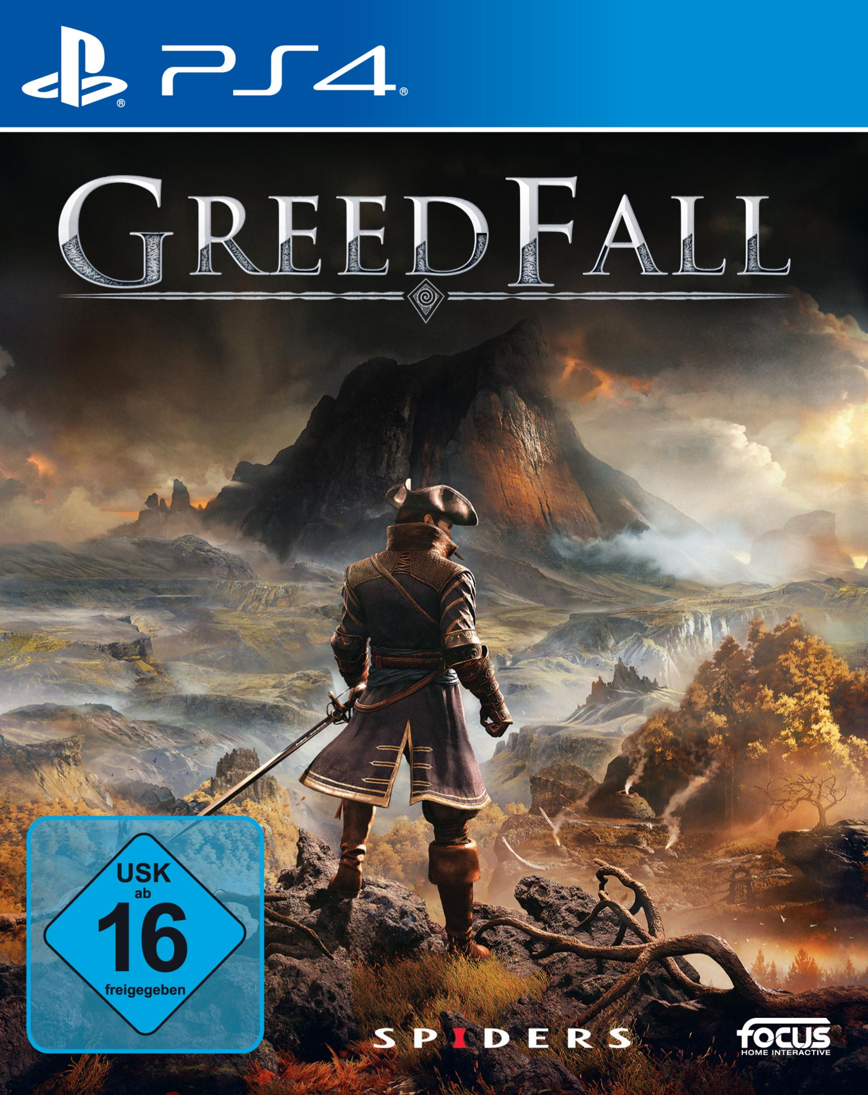 Okładka gry GreedFall. Mężczyzna z mieczem i kapeluszem stojący na skalistym wzgórzu.