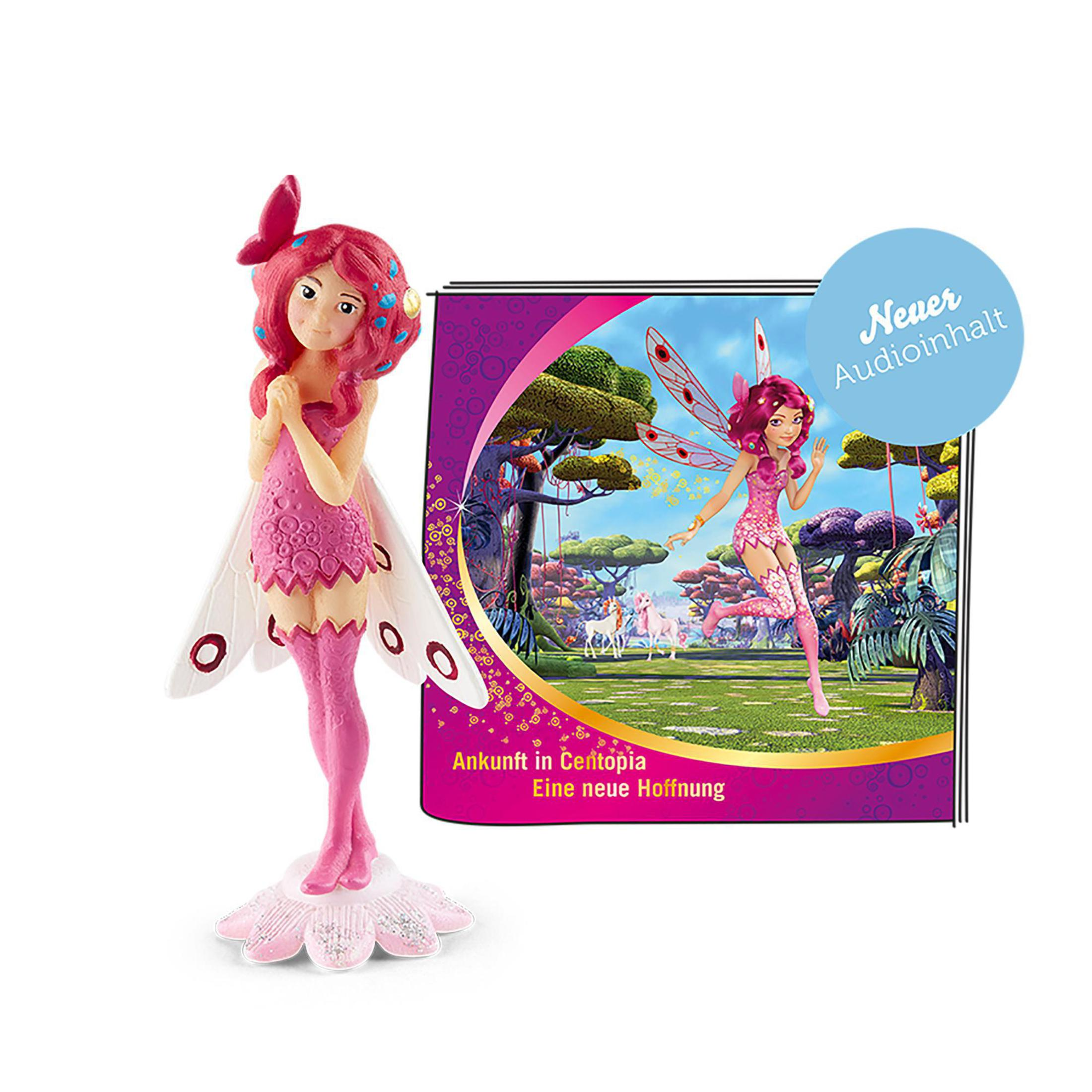 Eine rosa Feenfigur und ein Bild der Figur auf weißem Hintergrund.