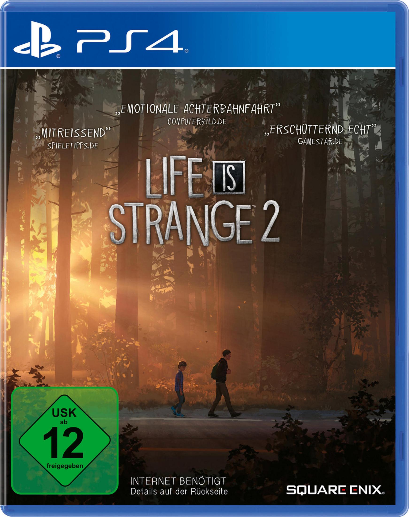 Life is Strange 2 Spielhülle. Zwei Personen gehen in einem Wald, ein grünes USK-Logo unten links.