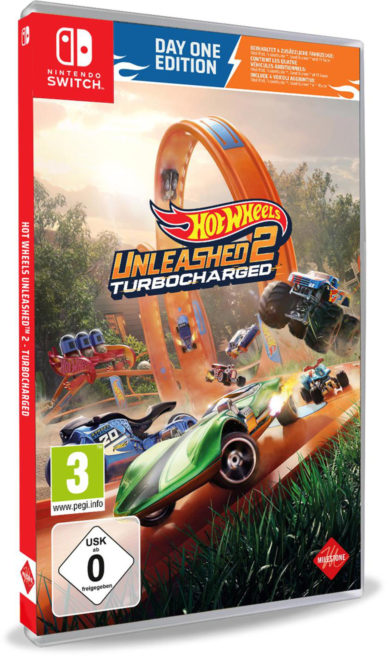 Eine Nintendo Switch-Spielbox mit Autos, die auf einer Rennstrecke fahren. Das Spiel ist Hot Wheels Unleashed 2.