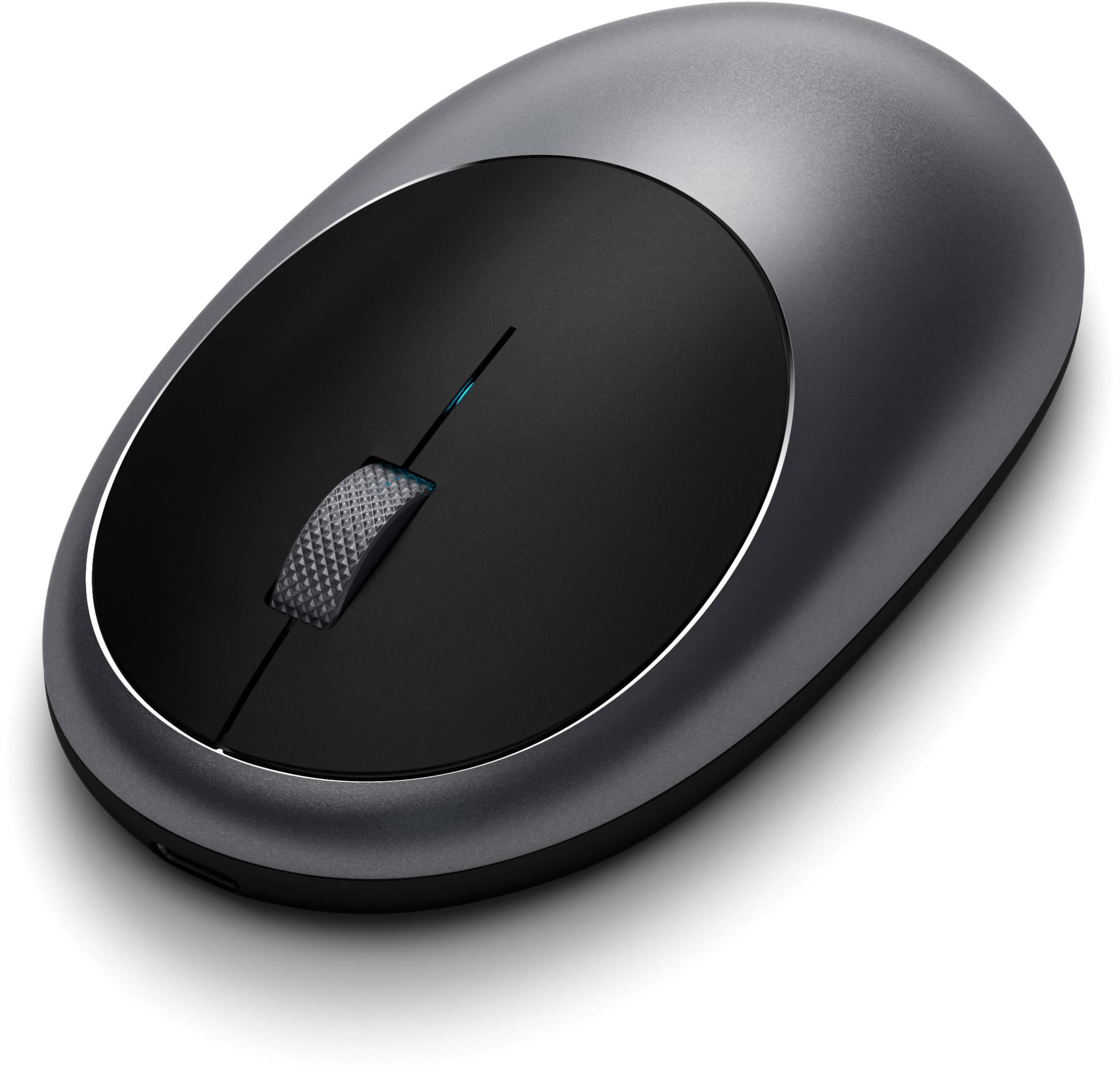 Szara i czarna mysz bezprzewodowa. Ma kółko przewijania i elegancki design.