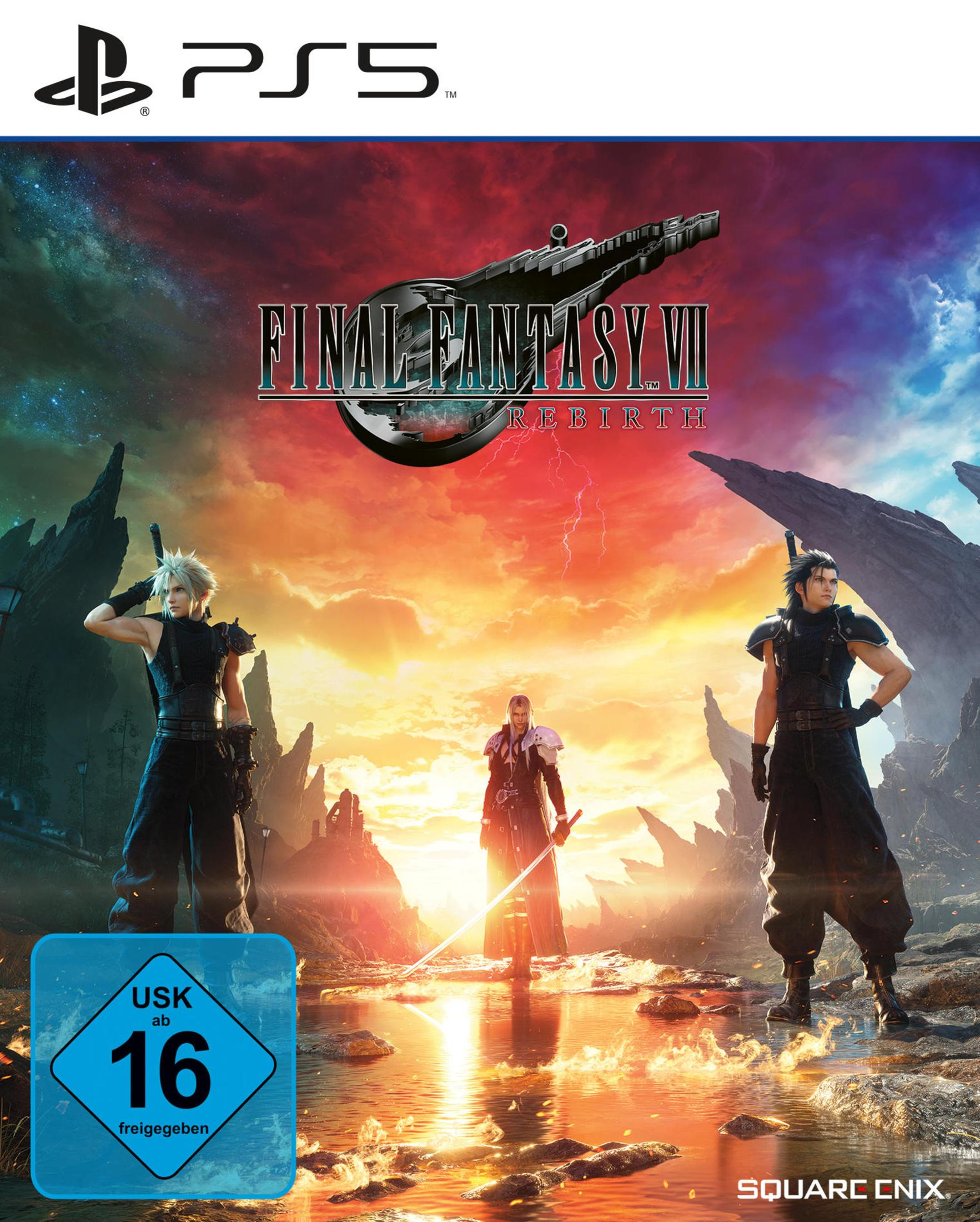 Final Fantasy VII Rebirth Spielbox. Das Cover zeigt drei Charaktere und ein Schlüsselschwert. Das Spiel ist für PS5.