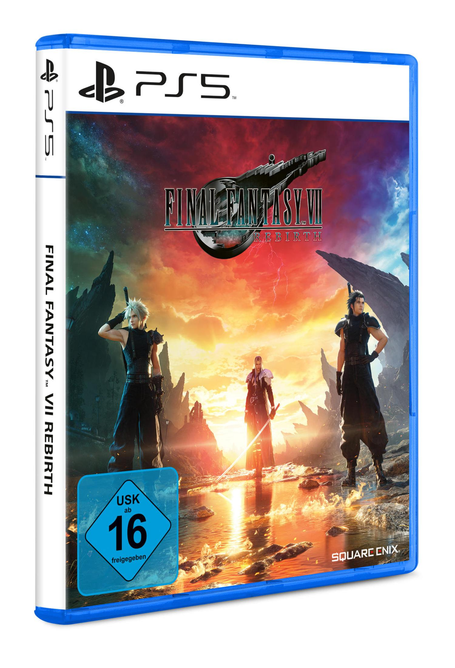 Final Fantasy VII Rebirth PS5 Spielhülle, blaue Hülle, mit drei Charakteren auf dem Cover. Square Enix Logo.