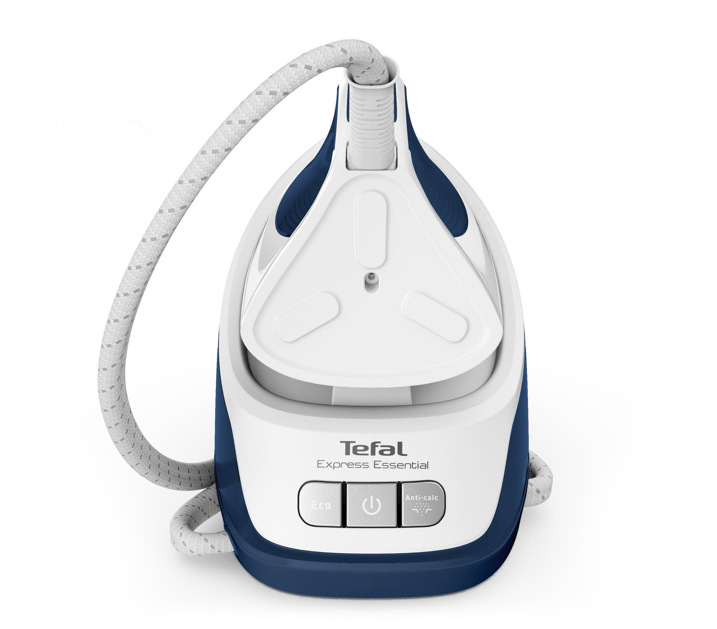 Una plancha de vapor Tefal Express Essential blanca y azul sobre fondo blanco.