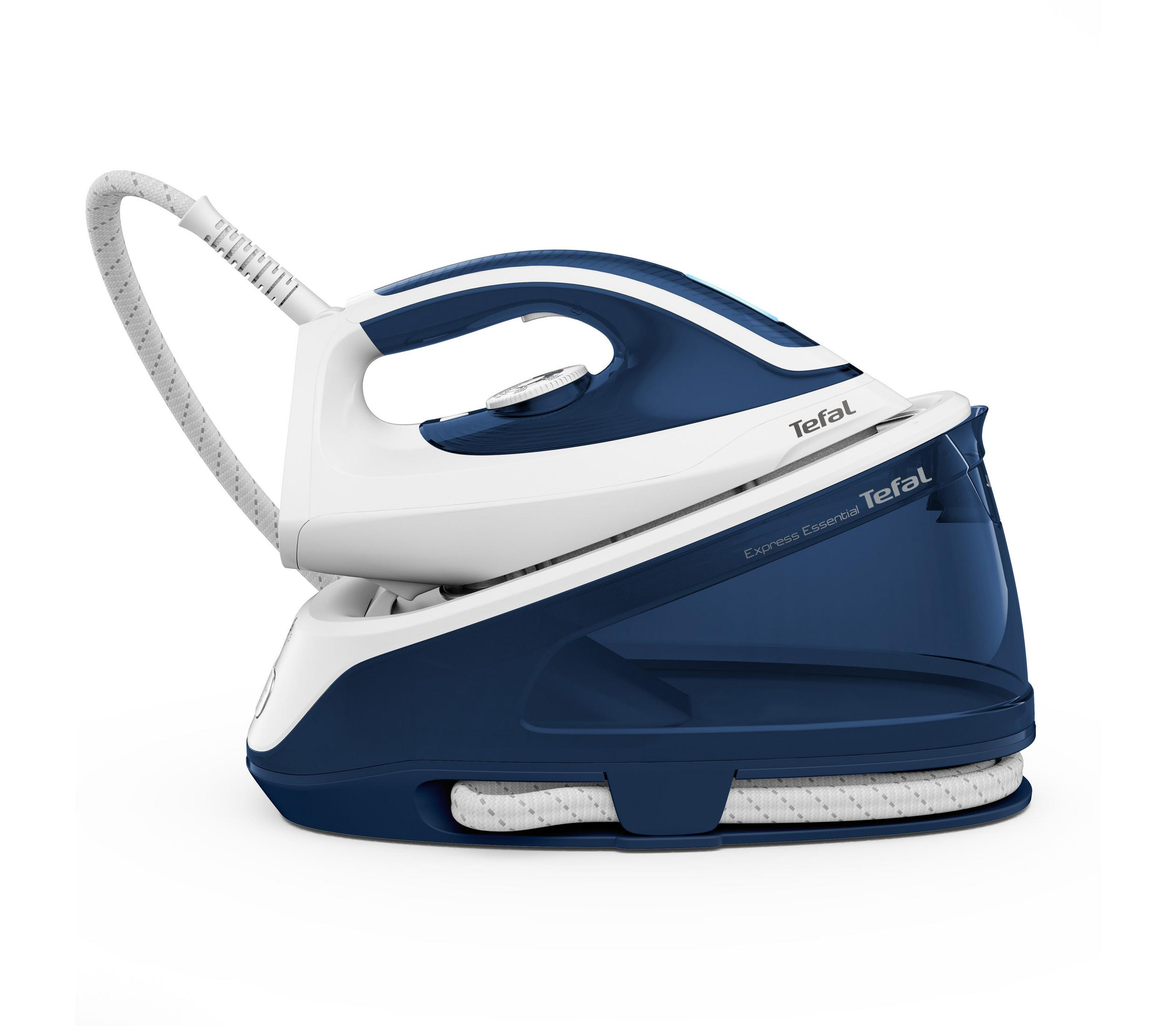Una plancha Tefal blanca y azul con manguera blanca. El nombre 'Tefal' es visible.