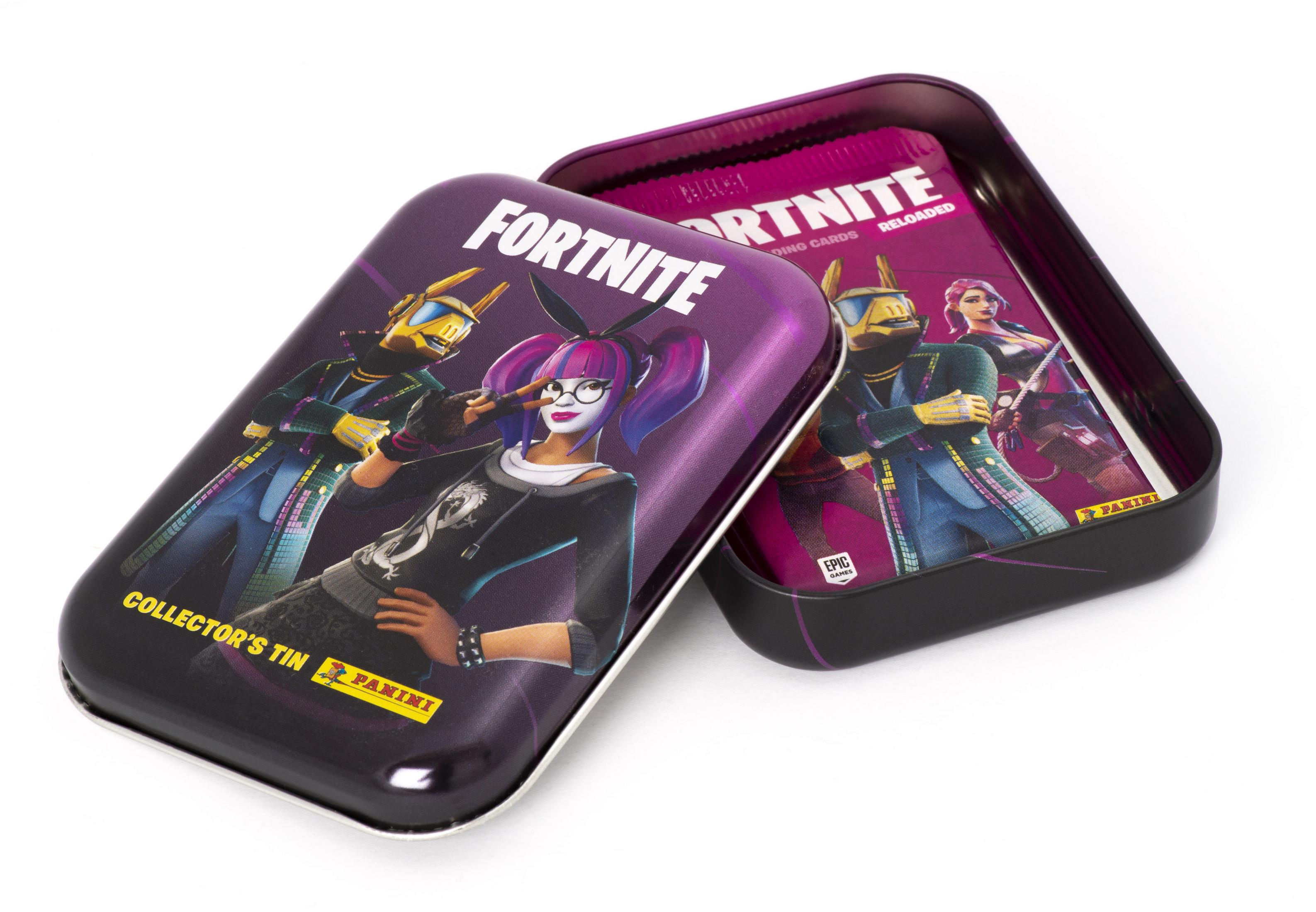 Fortnite Collector's Tin, geöffnet, mit Kartenpacks und Charakteren auf dem Deckel.