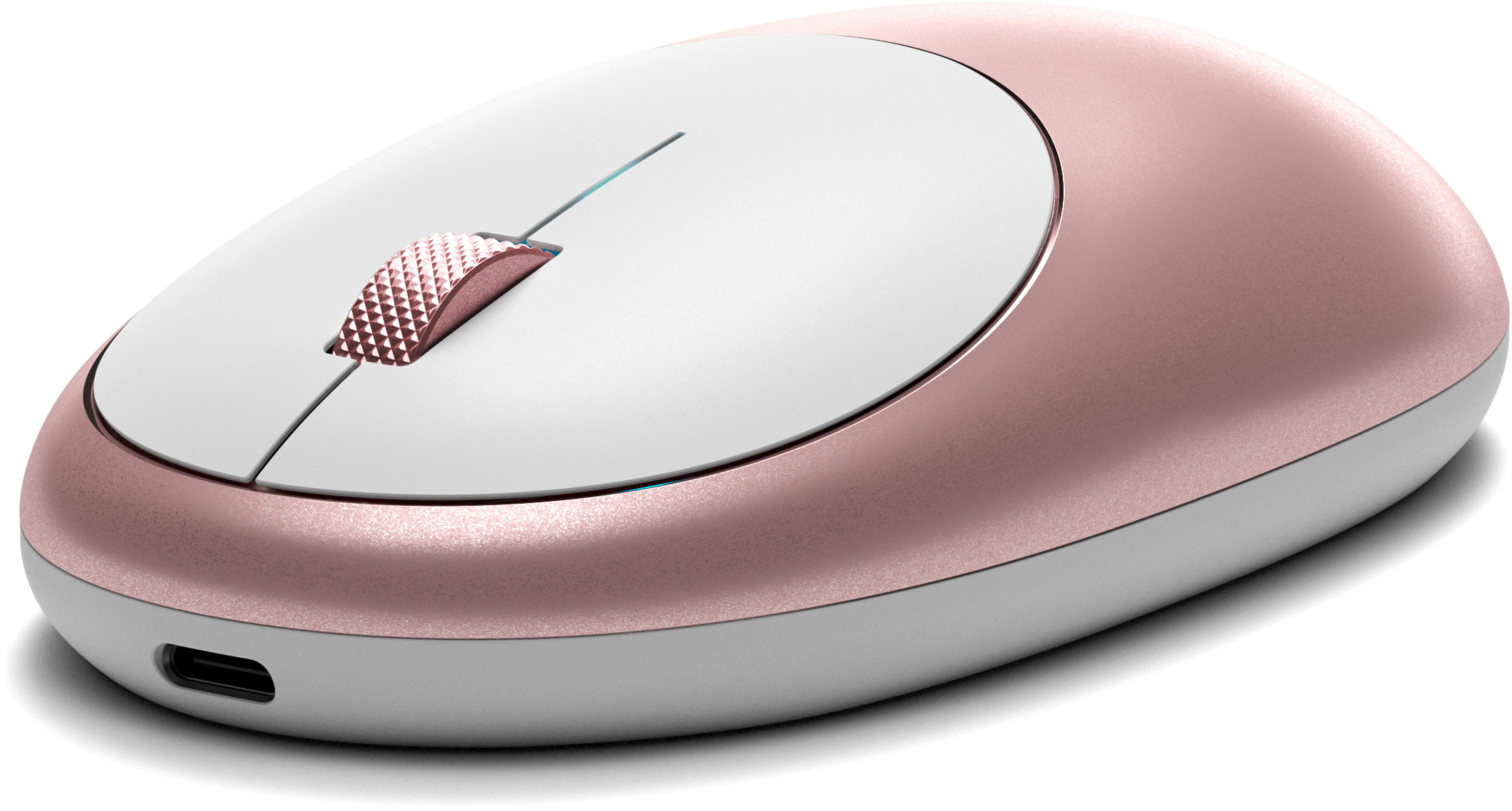 Een roze gouden en witte draadloze muis. Bovenaanzicht, met scrollwiel en USB-C-poort zichtbaar.
