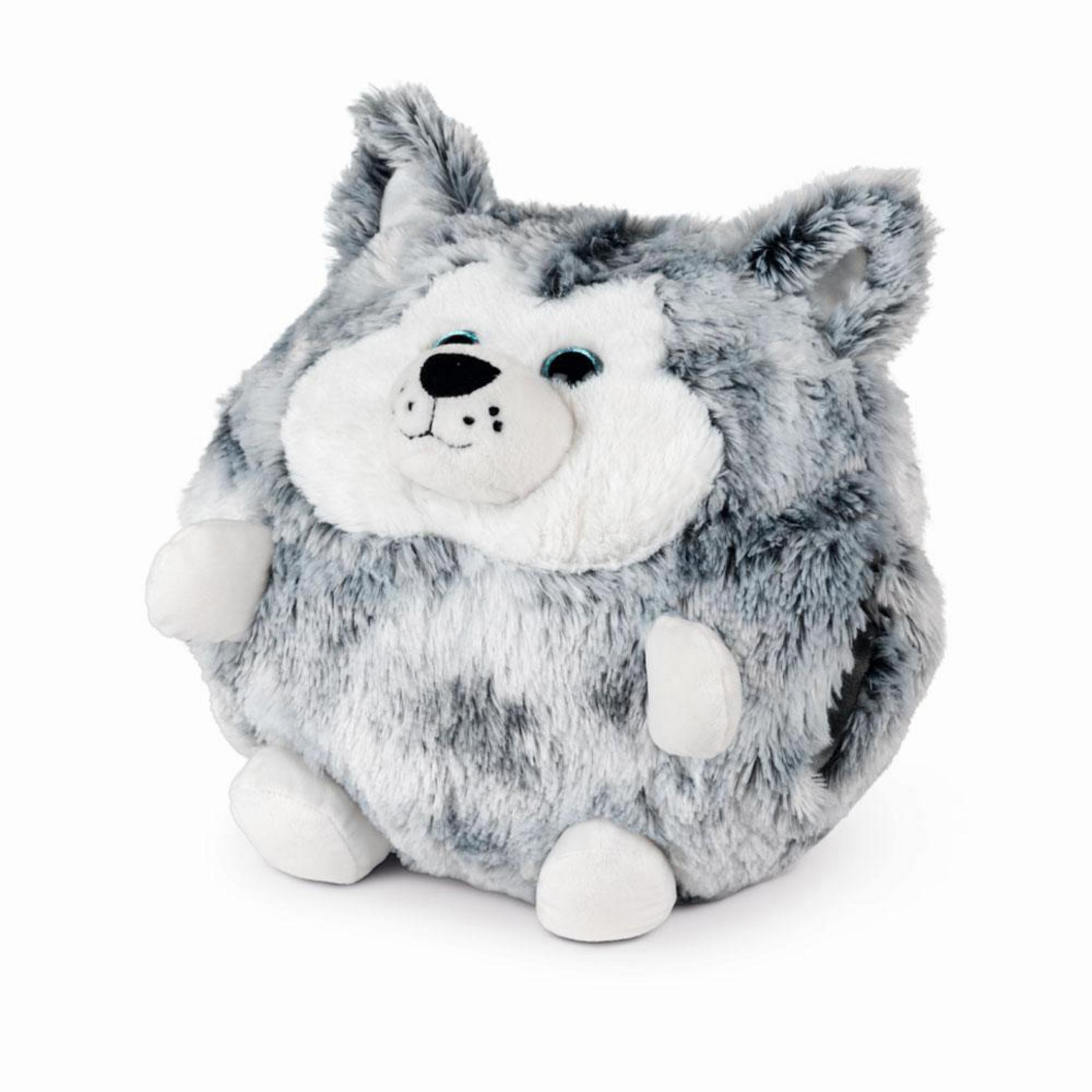 Ein flauschiges, grau-weißes Wolf-Plüschtier. Es hat eine runde Form und ein lächelndes Gesicht.