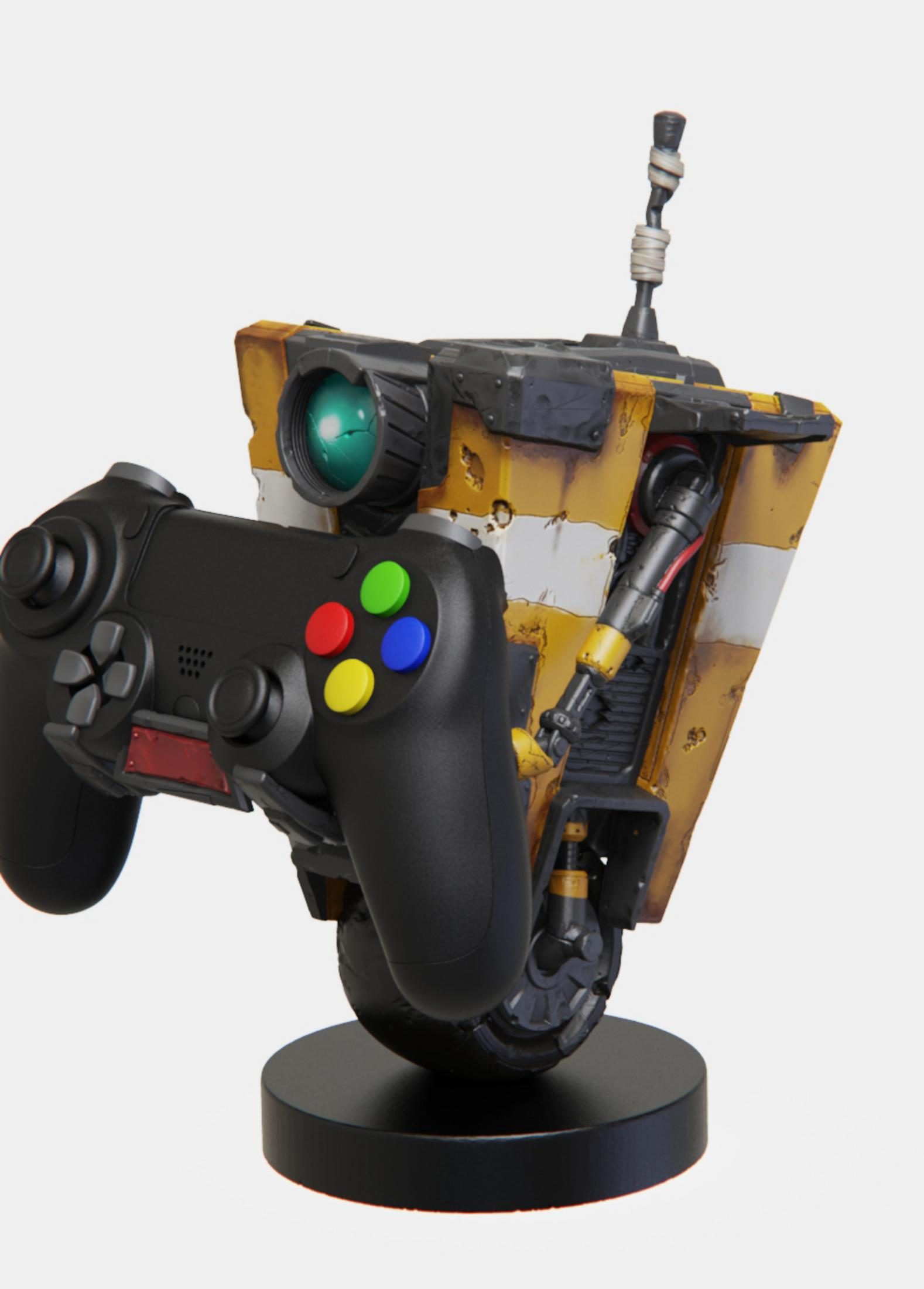 Supporto per controller a forma di robot con un controller nero e sfondo bianco.