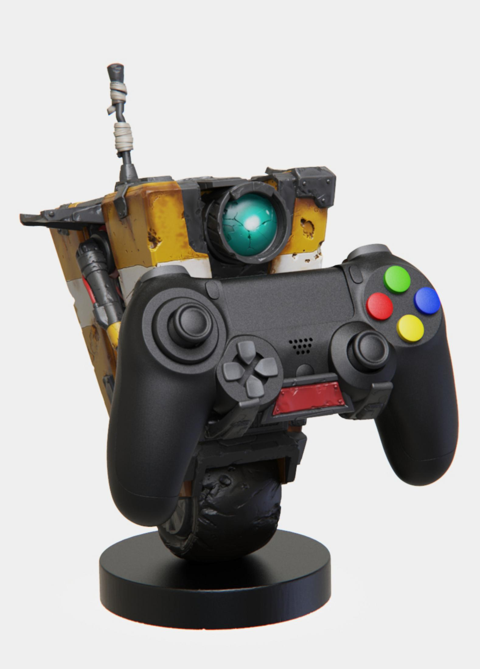Un personaggio robot che tiene in mano un controller di videogiochi nero.