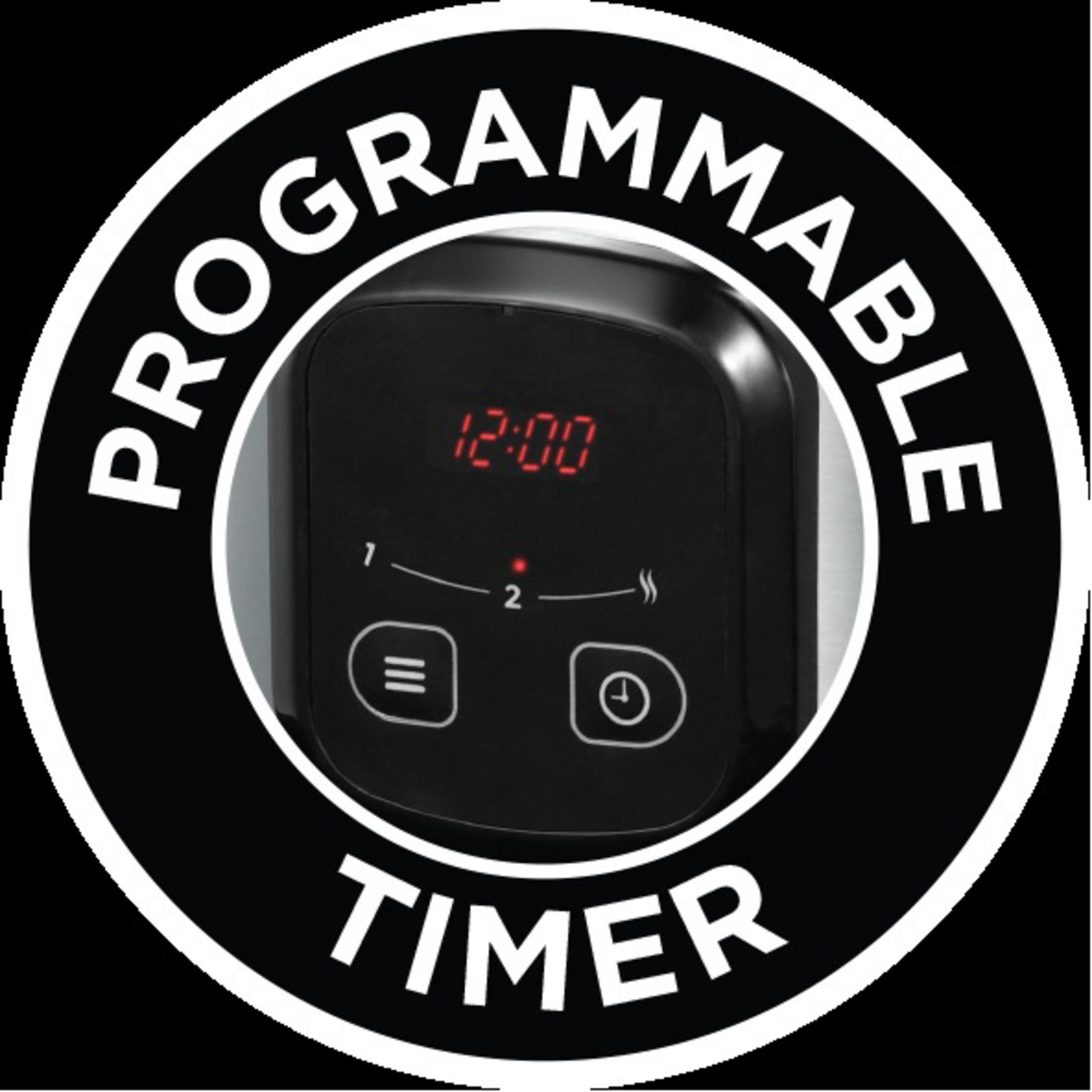 Elettrodomestico nero con display timer programmabile, che mostra le 12:00, con pulsanti e design circolare.