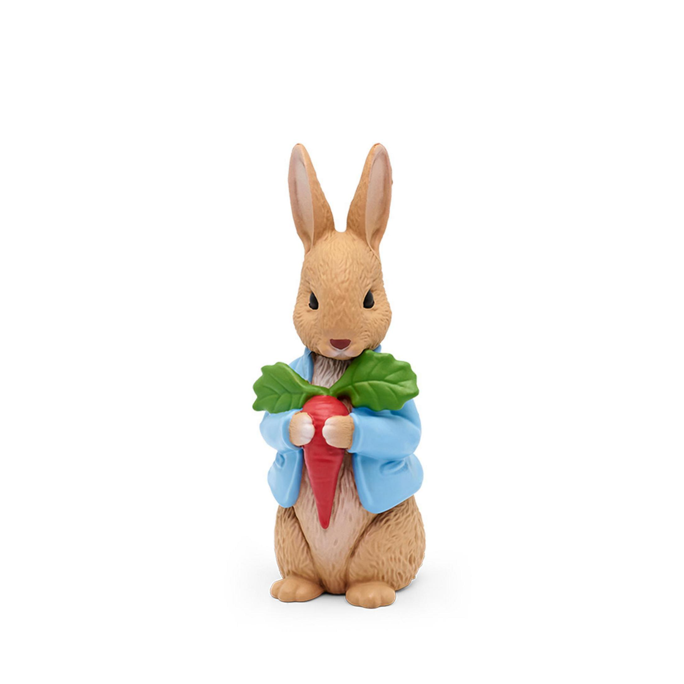 Eine Peter-Rabbit-Figur mit einer Karotte. Er trägt eine blaue Jacke. Weißer Hintergrund.