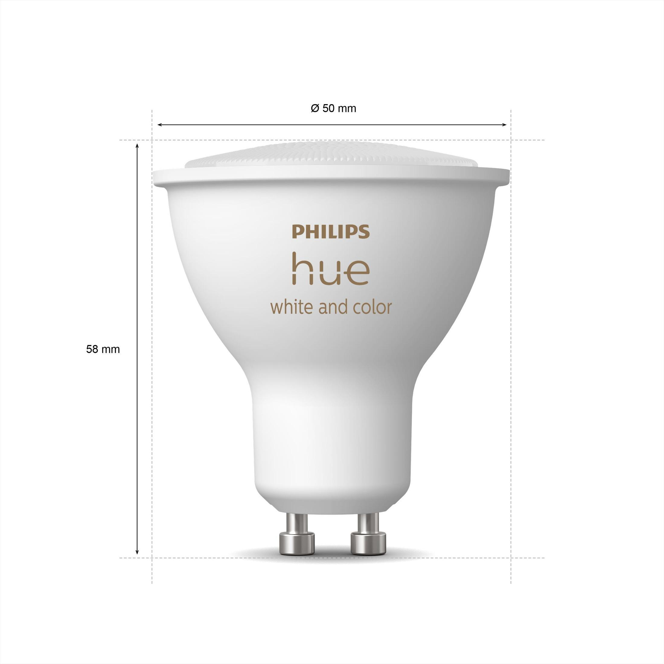 Weiße Philips Hue-Glühbirne mit Abmessungen. Mit Philips Hue-Logo.