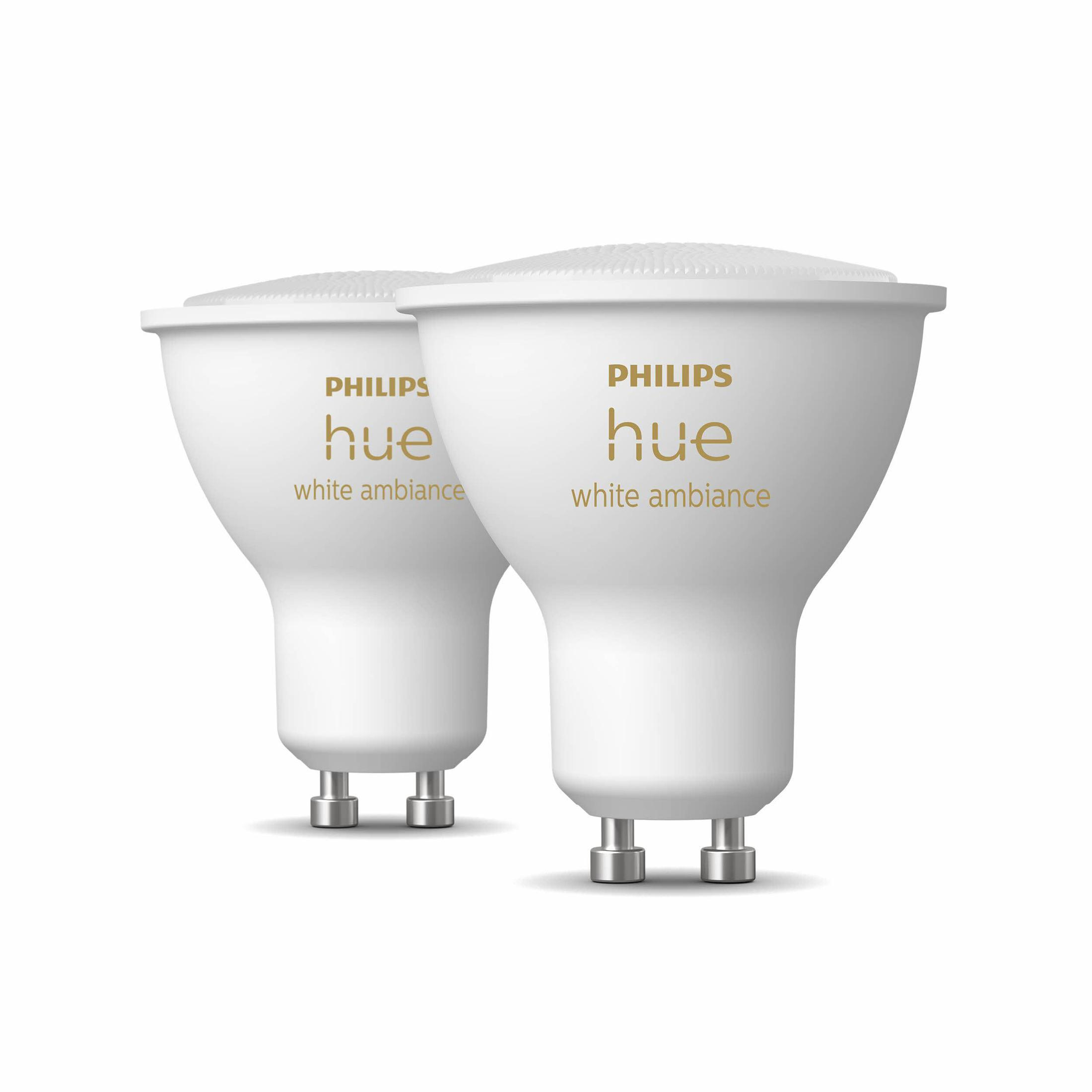 Dos bombillas inteligentes Philips Hue blancas, con el nombre de la marca visible. Fondo blanco.