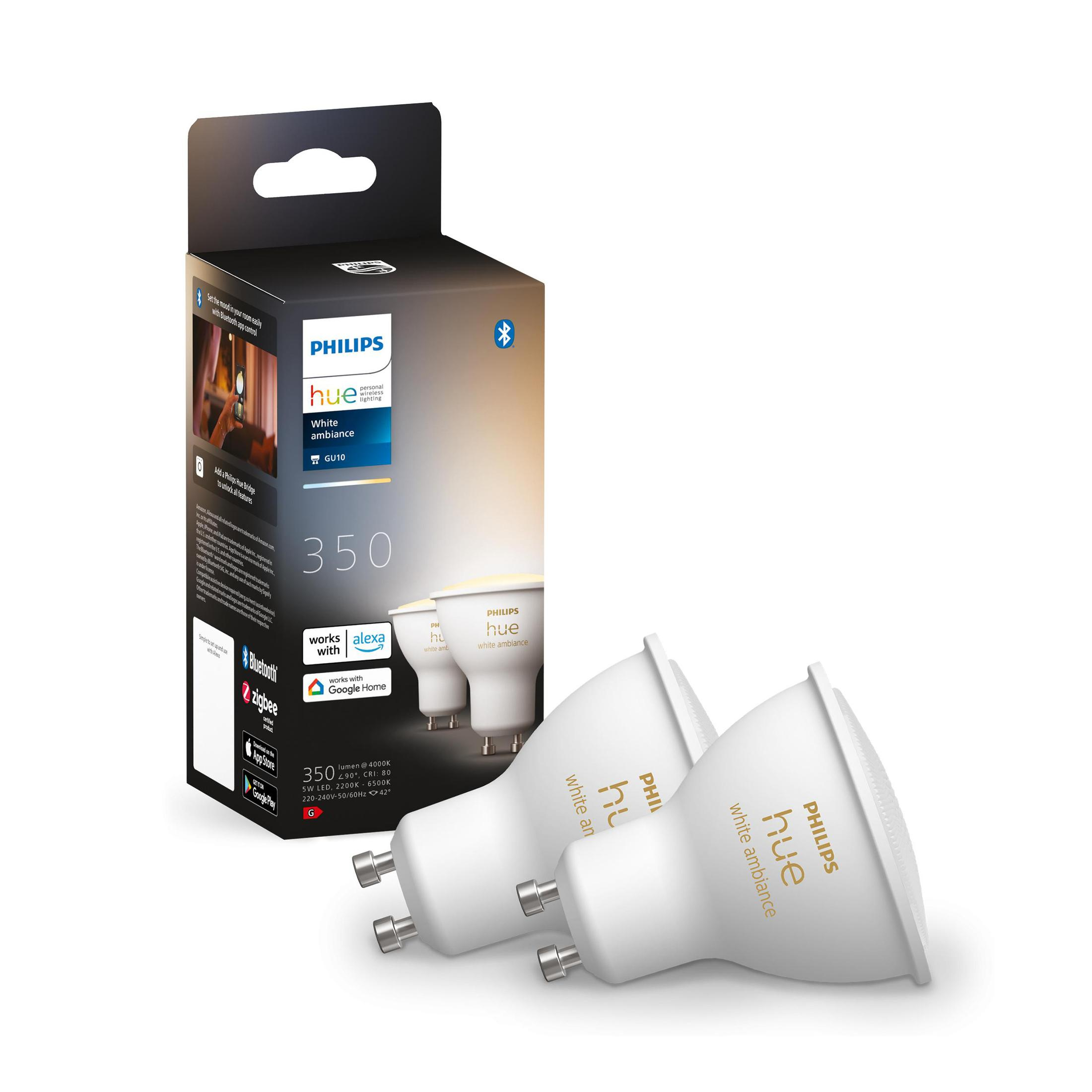 Bombillas Philips Hue de ambiente blanco y embalaje. Bombillas blancas, caja en blanco y negro.