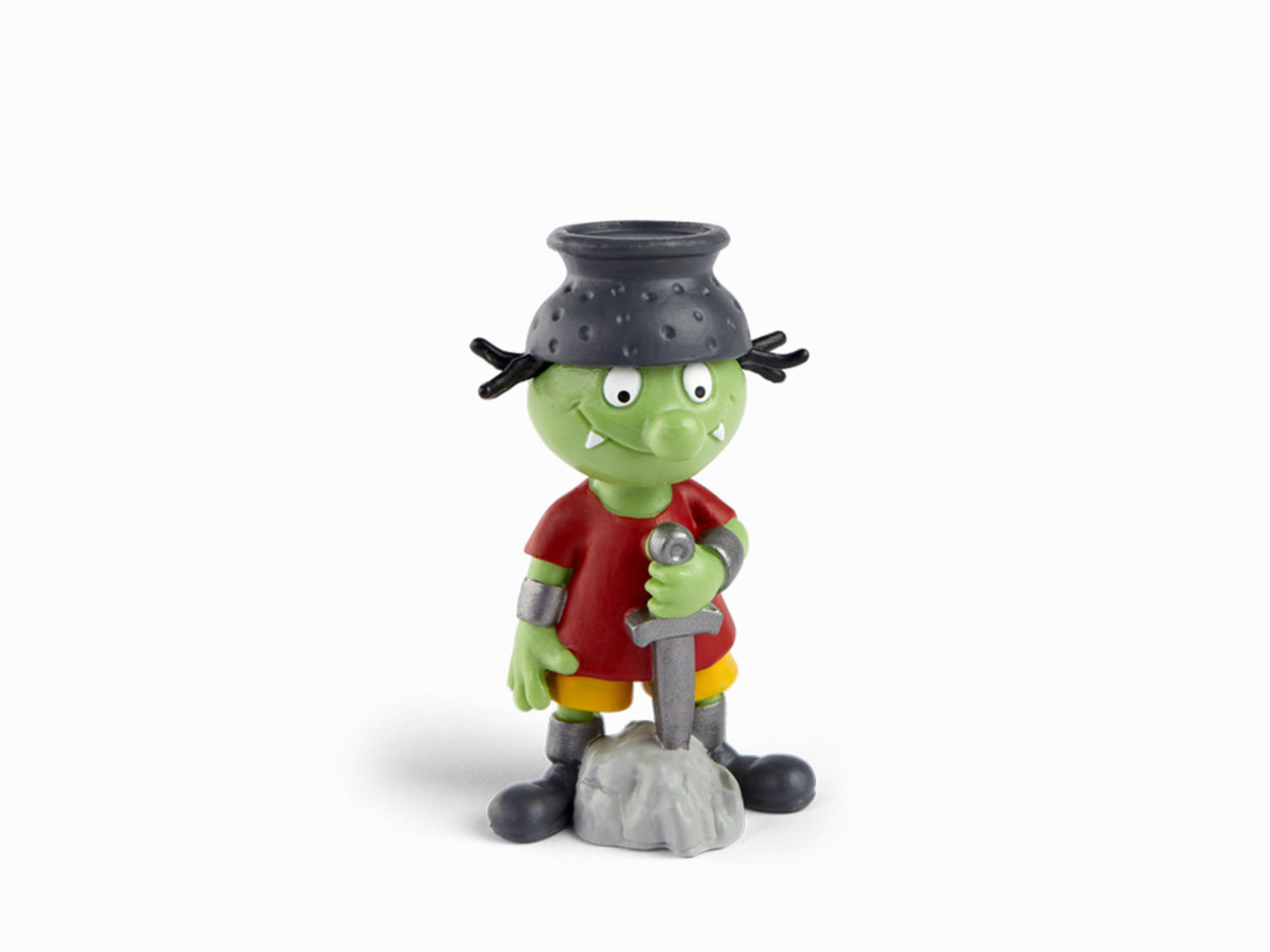Grüne, goblinartige Figur mit einem Schwert. Trägt einen Topfhelm. Weißer Hintergrund.