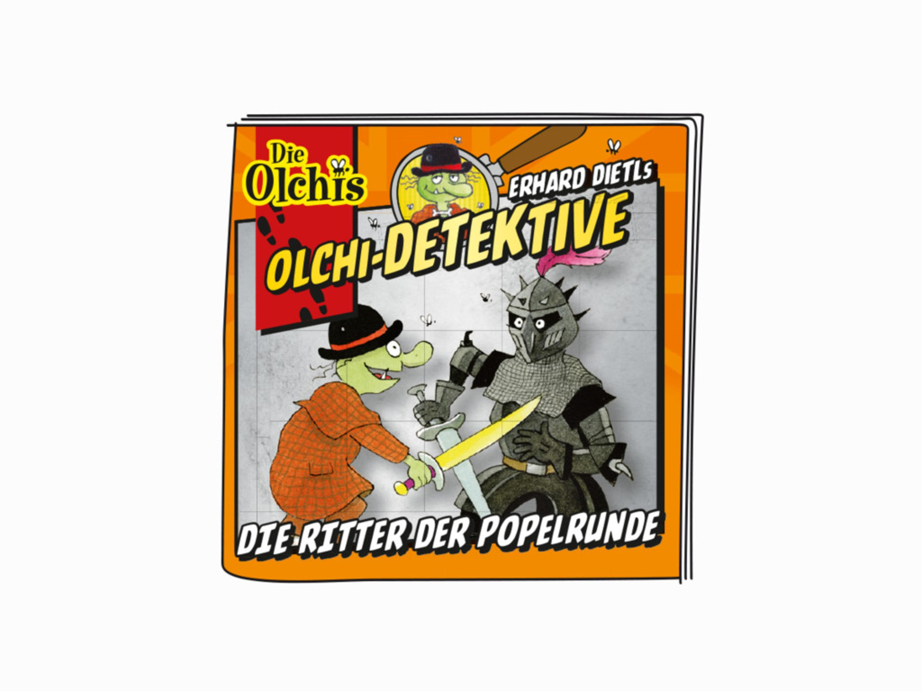 Ein Buchcover mit Cartoon-Illustrationen eines Ritters und eines Detektivs im Comic-Stil.