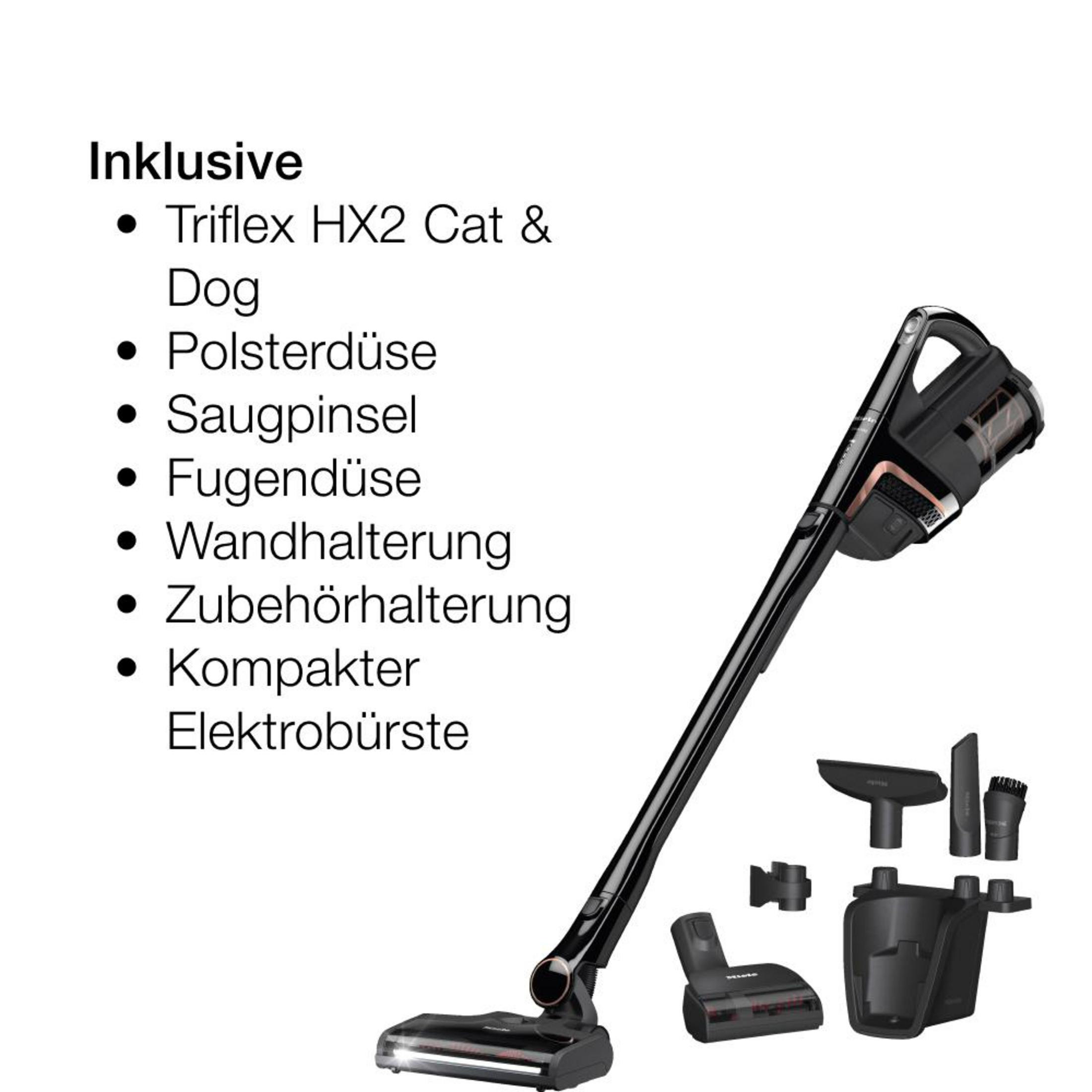 Ein schwarzer Staubsauger mit mehreren Aufsätzen und einer Liste von Funktionen, einschließlich Bürste.