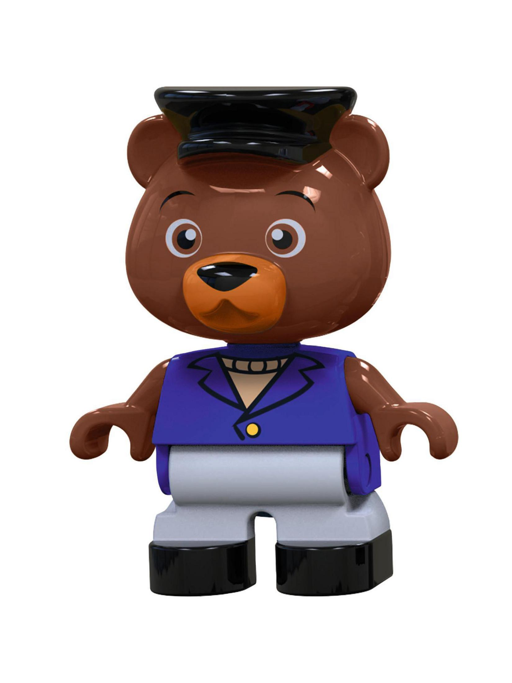 Bären-Lego-Figur mit blauer Weste und schwarzem Hut. Sie steht vor weißem Hintergrund.