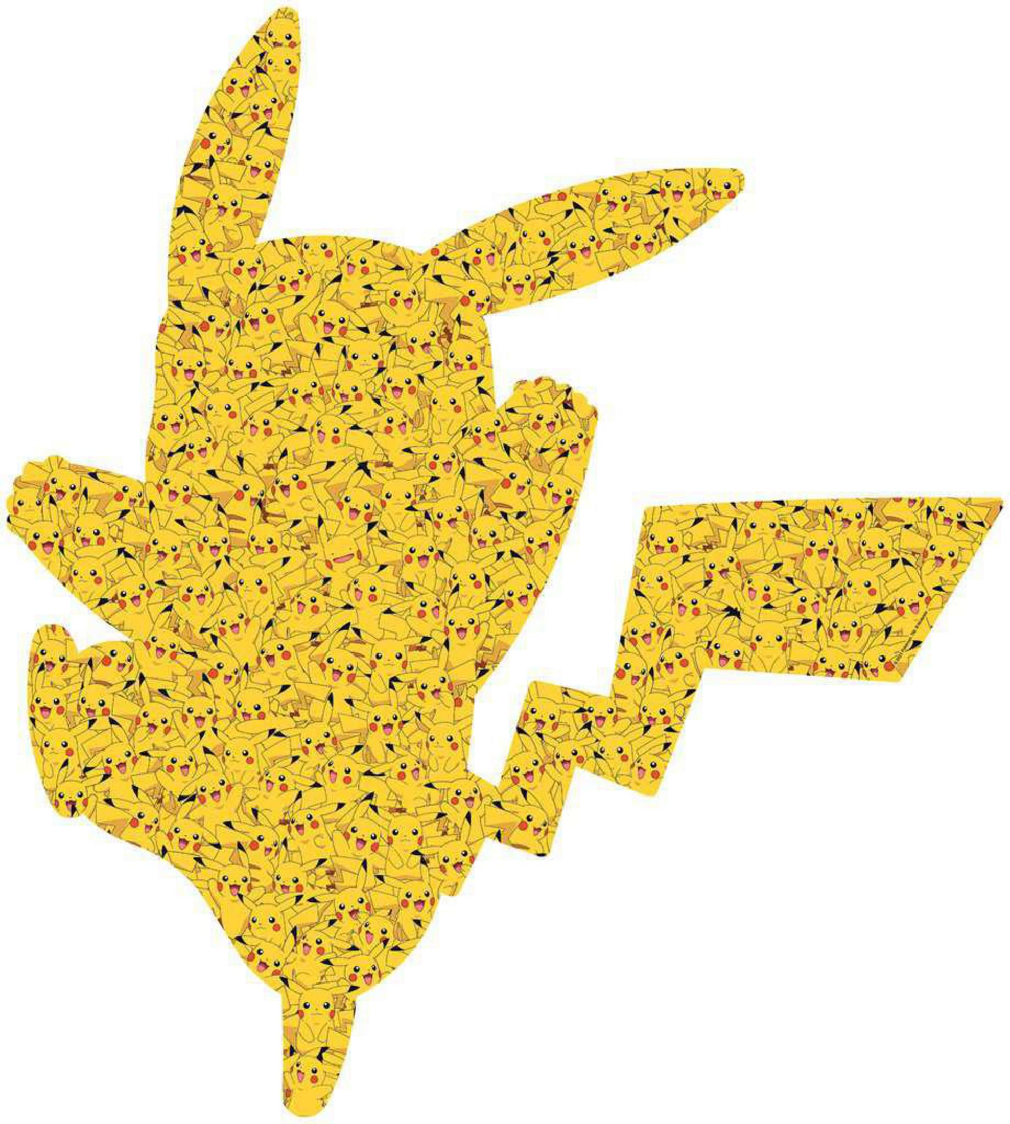 Ein Pikachu-förmiges Puzzleteil, gefüllt mit vielen kleineren Pikachu-Illustrationen auf weißem Hintergrund.