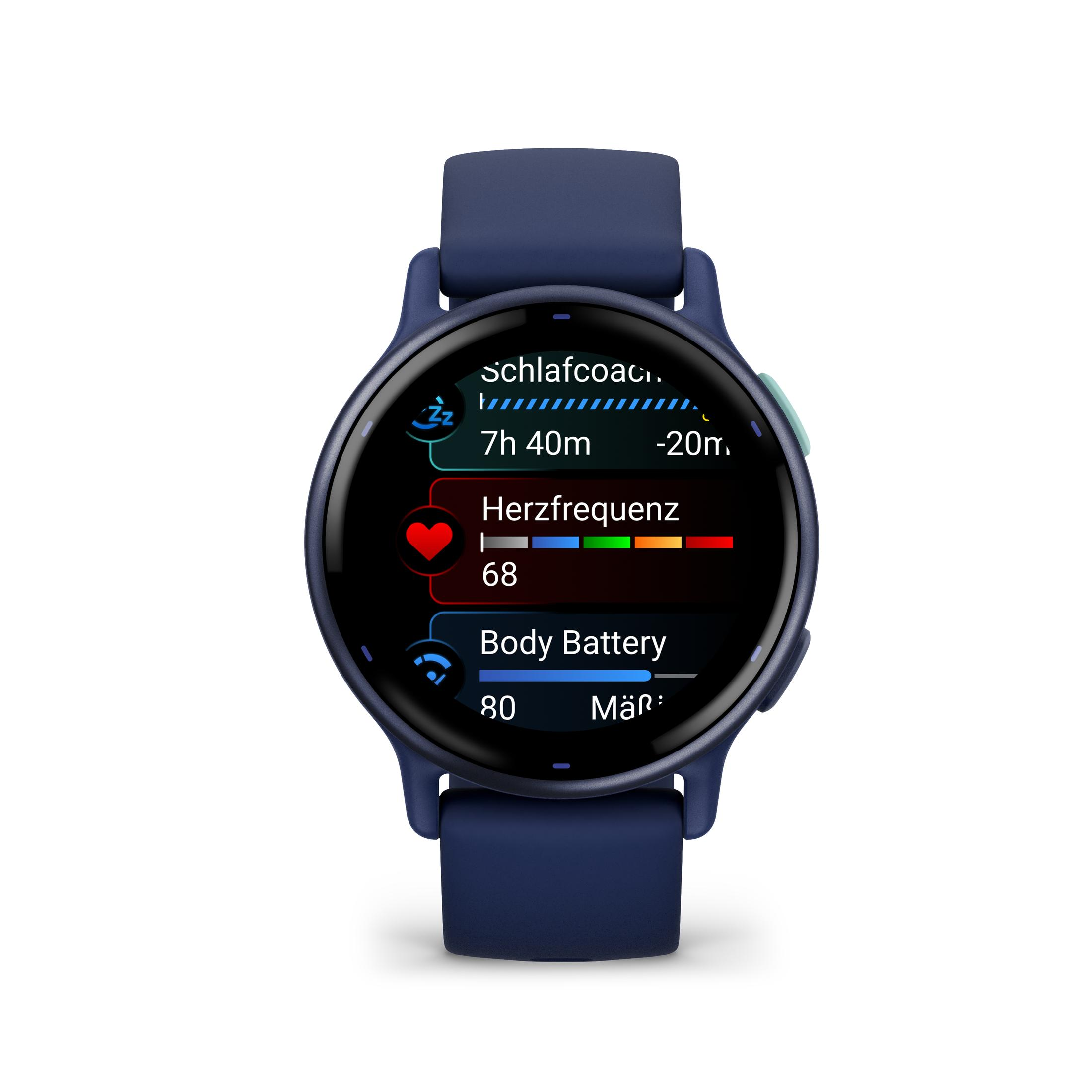 Granatowy smartwatch wyświetlający dane dotyczące snu, tętna i baterii ciała na białym tle.