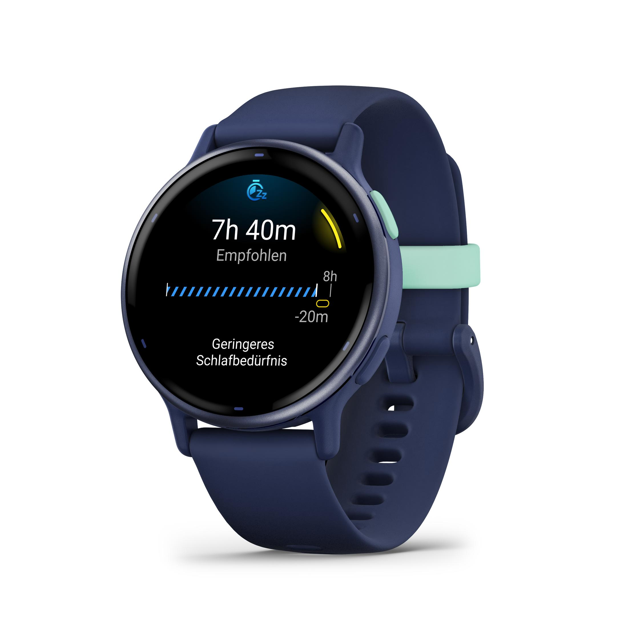 Granatowy smartwatch z wyświetlaczem pokazującym dane dotyczące snu. Ma miętowy element paska.