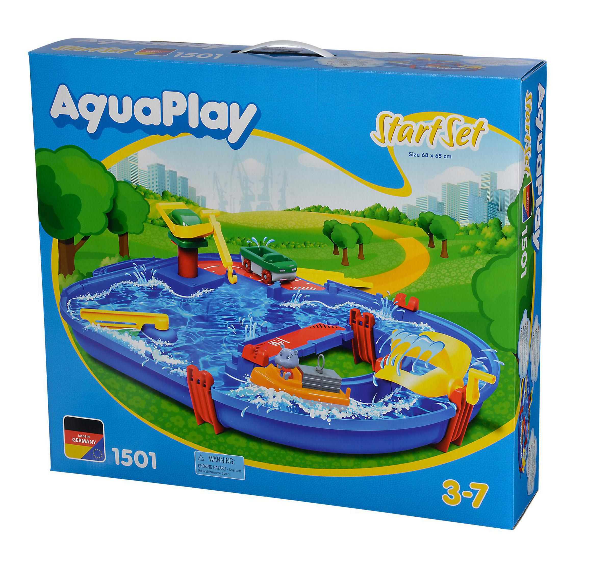 Caja AquaPlay Start Set. Muestra un parque acuático con un barco, coches y juegos acuáticos. Caja azul.