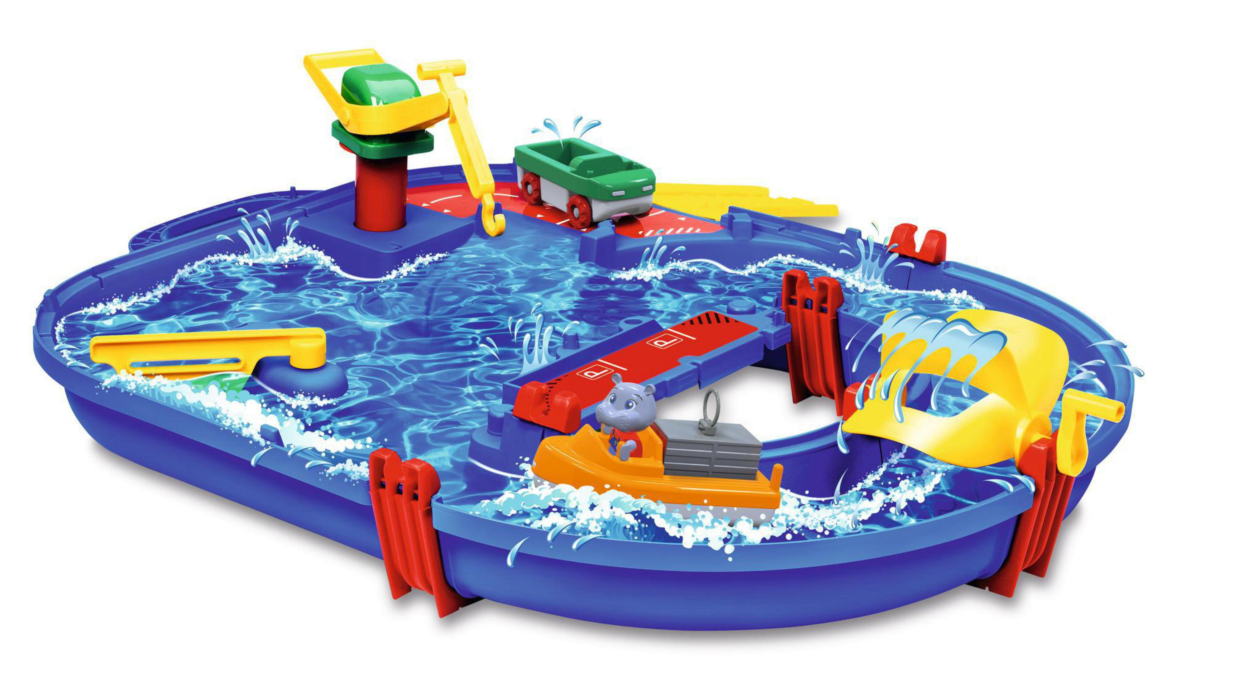 Juego de agua para niños con barco, hipopótamo y elementos acuáticos.