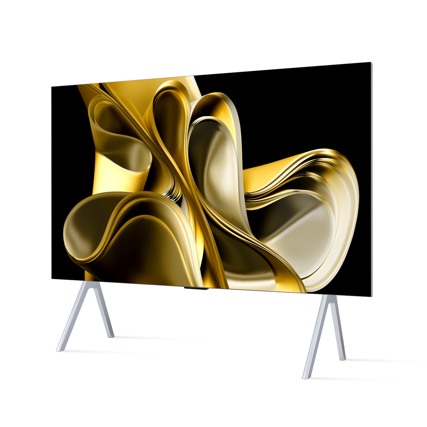 Una TV moderna con un design astratto dorato sullo schermo, supportata da supporti argentati, su sfondo bianco.