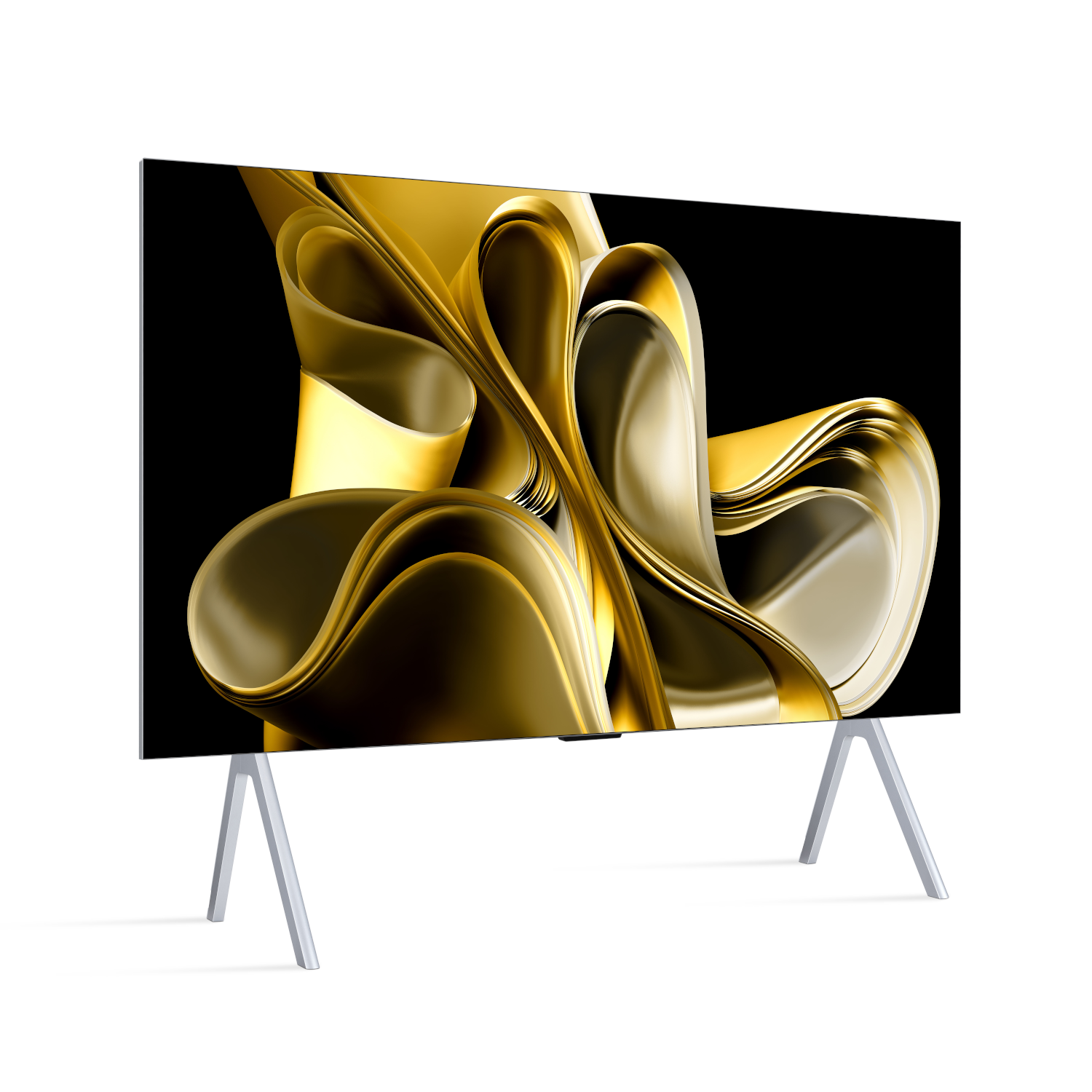 TV con forme astratte dorate sullo schermo, gambe supporto argentate.