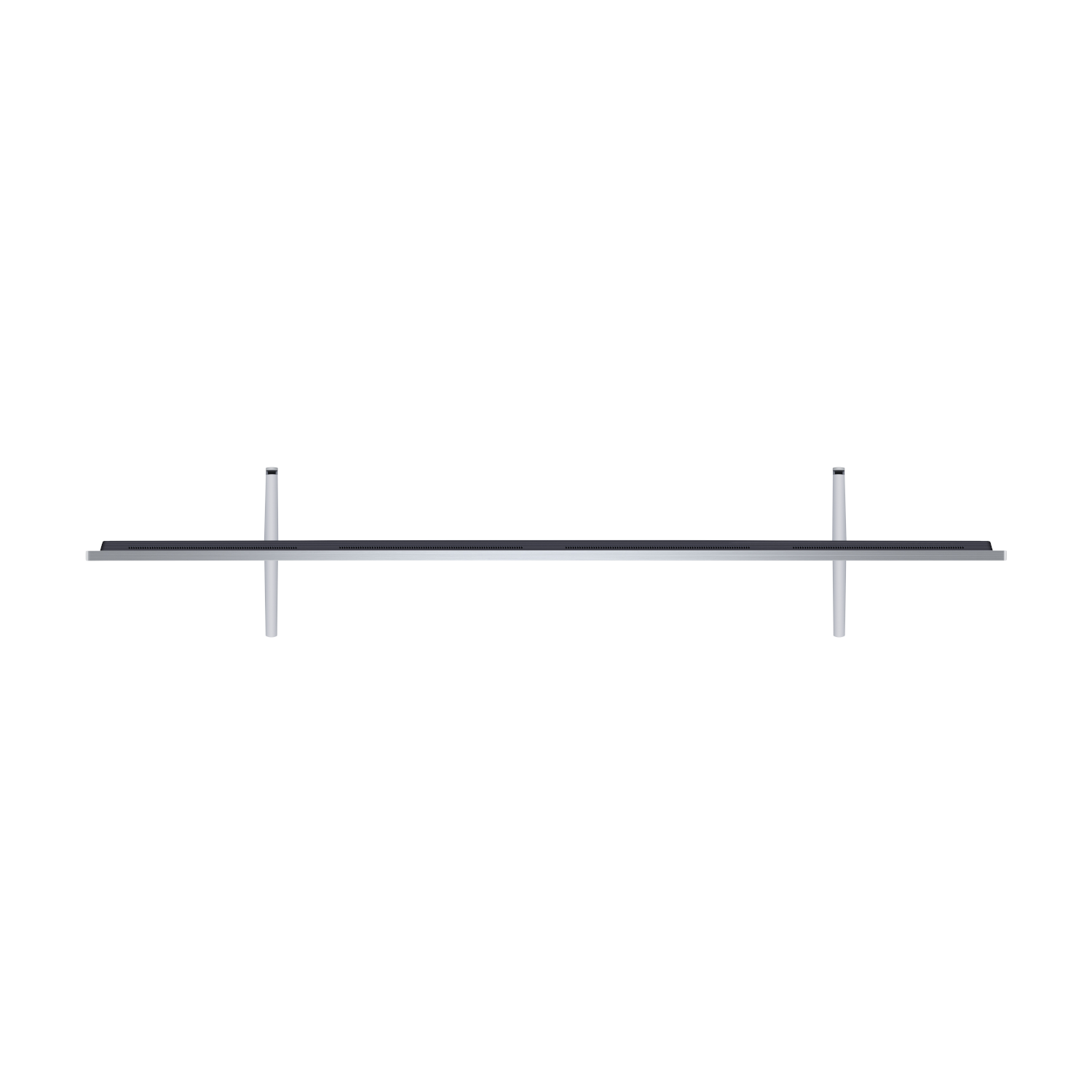 Vista dall'alto di uno schermo TV con due supporti, design semplice ed elegante.