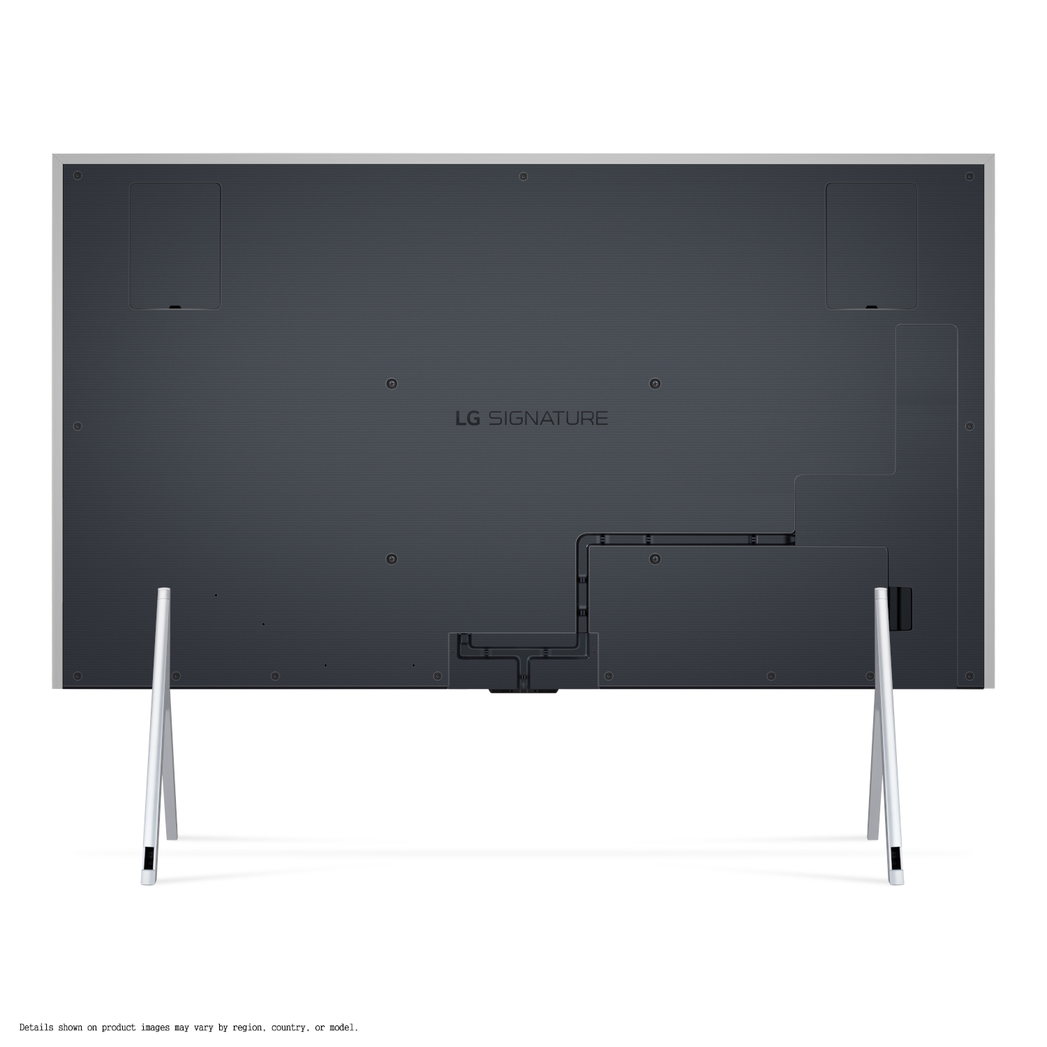 Vista posteriore di una grande TV LG Signature nera con supporto. Sono visibili dettagli grigi e neri.