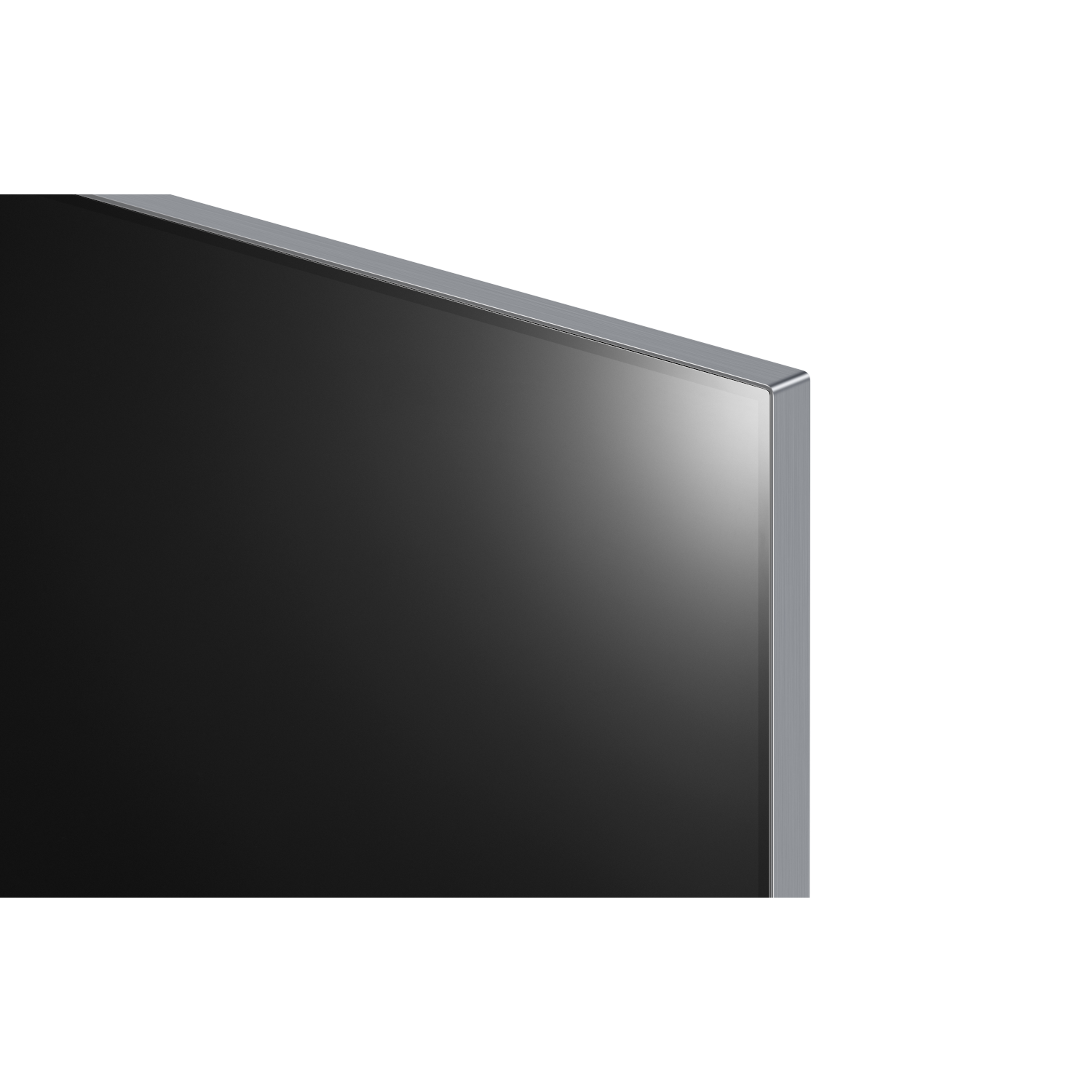 Primo piano dell'angolo di una TV, che mostra lo schermo e la cornice argentata.