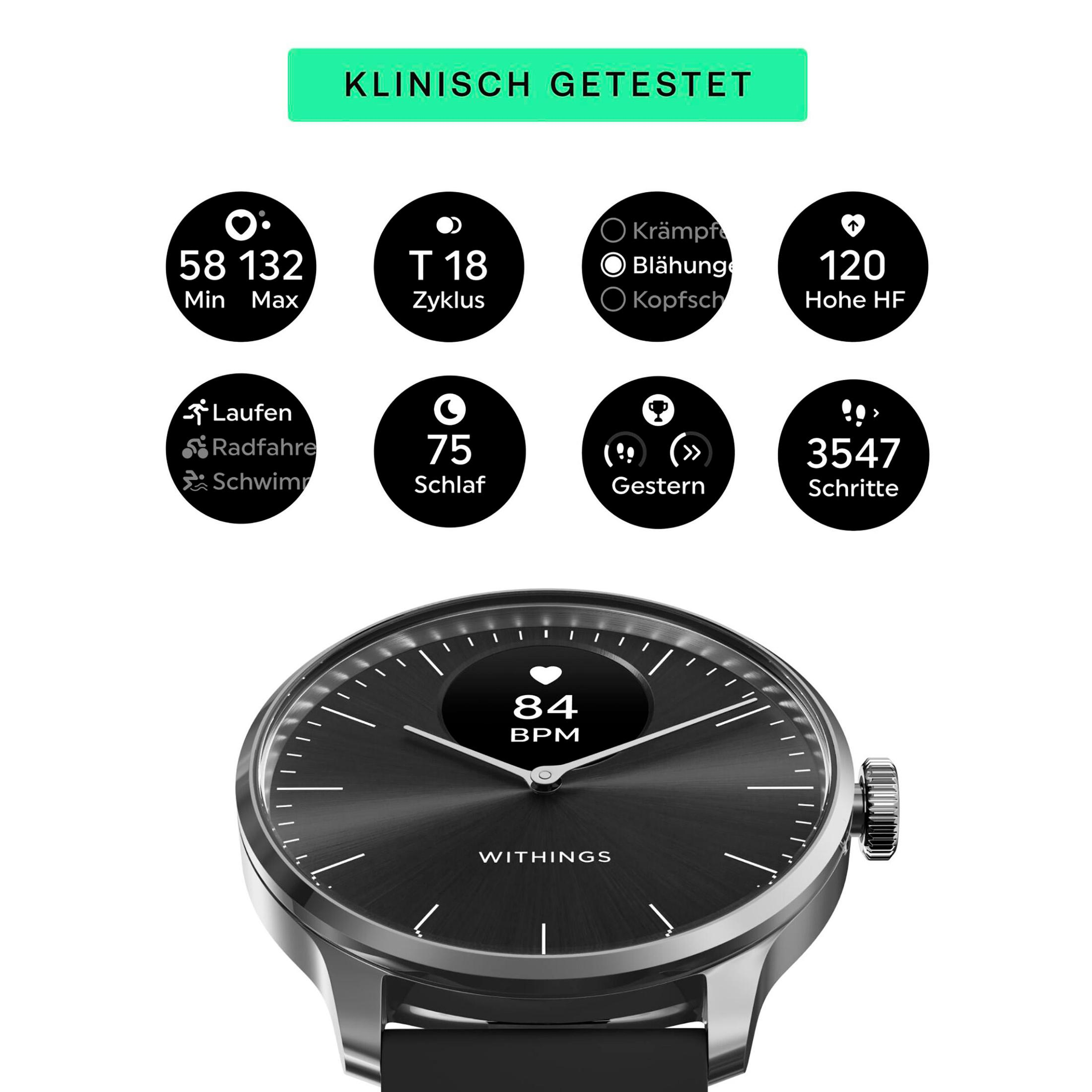 Czarny smartwatch Withings wyświetlający dane zdrowotne, takie jak kroki, tętno i czas snu.