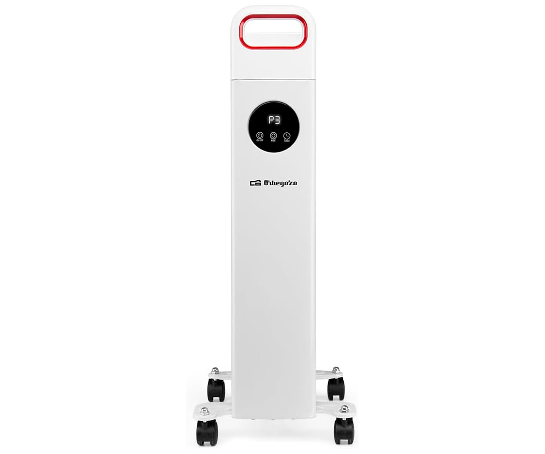 Biały grzejnik elektryczny z panelem sterowania, na małych kółkach, na białym tle.